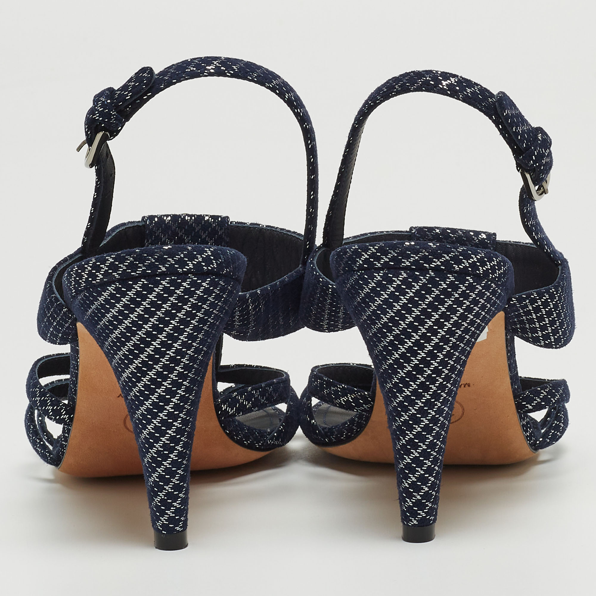 Chanel Navy Blue Textured Suede Faux Pearl Embellished Slingback Sandals Size 38