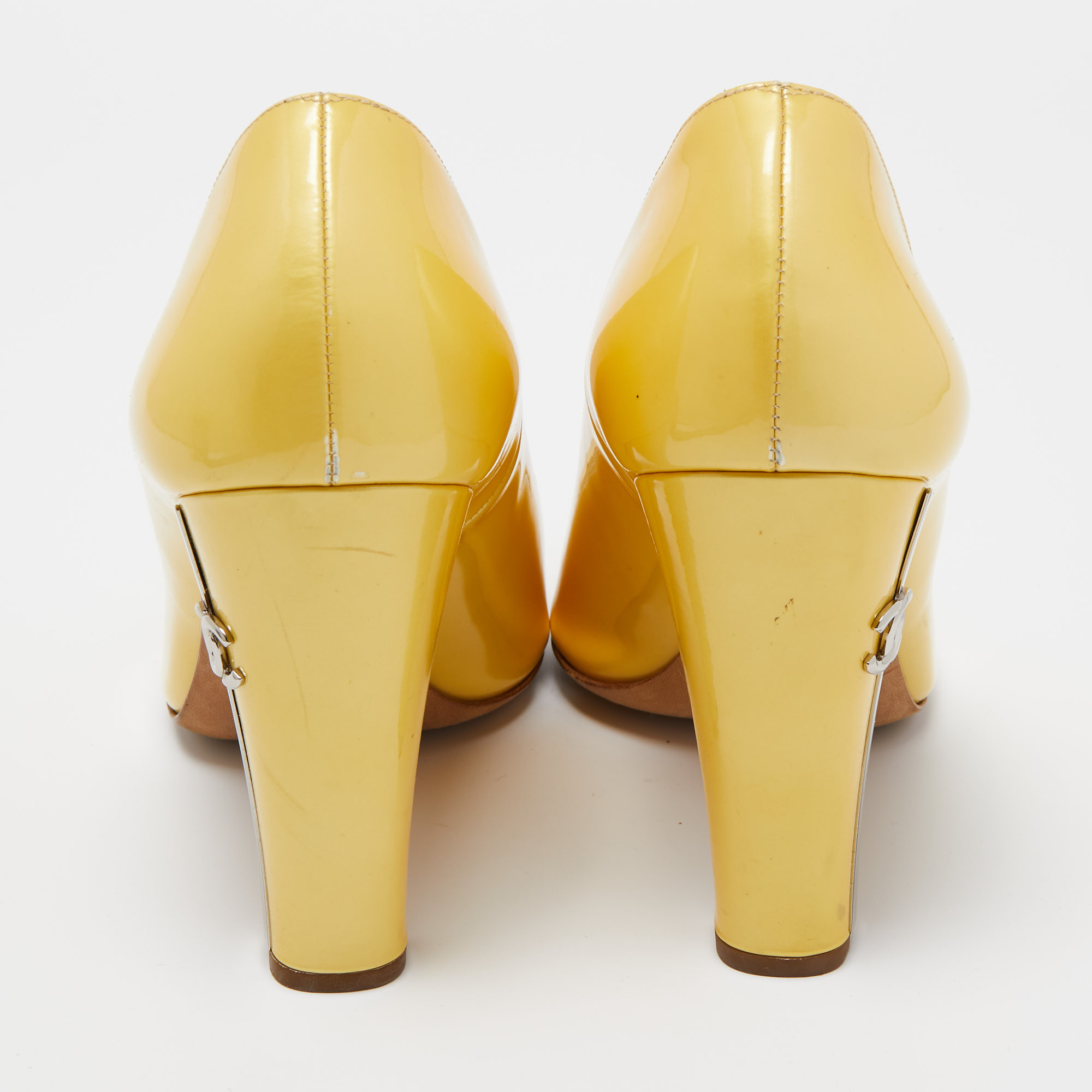 Chanel Yellow Patent Leather CC Open Toe Pumps Size 40