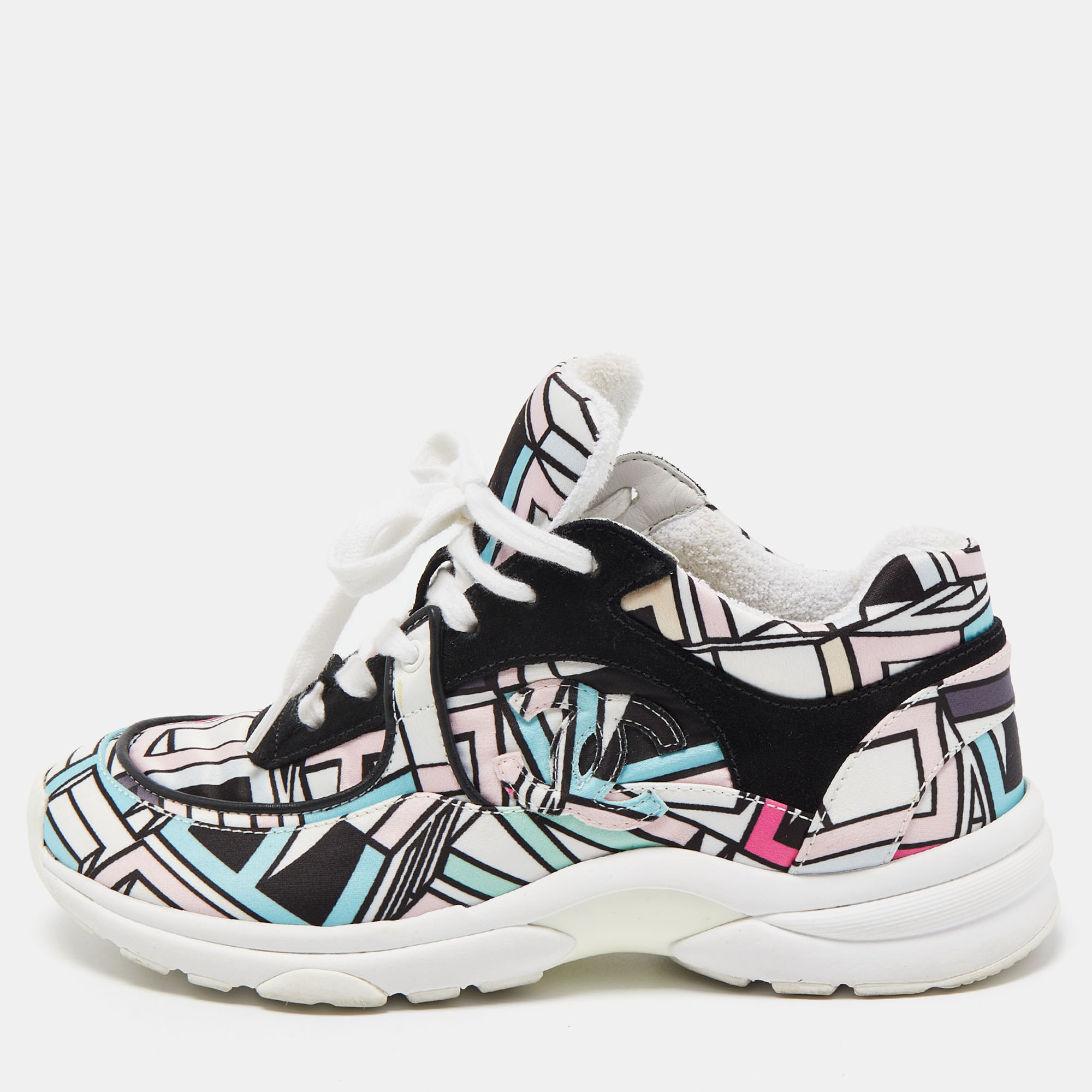 Chanel multicolor abstract print satin and suede cc logo trainer low top sneakers size 35.5