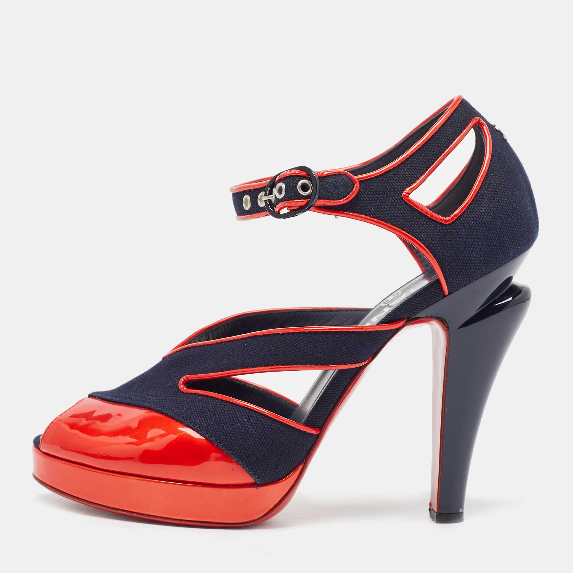 Chanel Navy Blue/Red Canvas And Patent Leather CC Peep Toe Ankle Strap Sandals Size 37