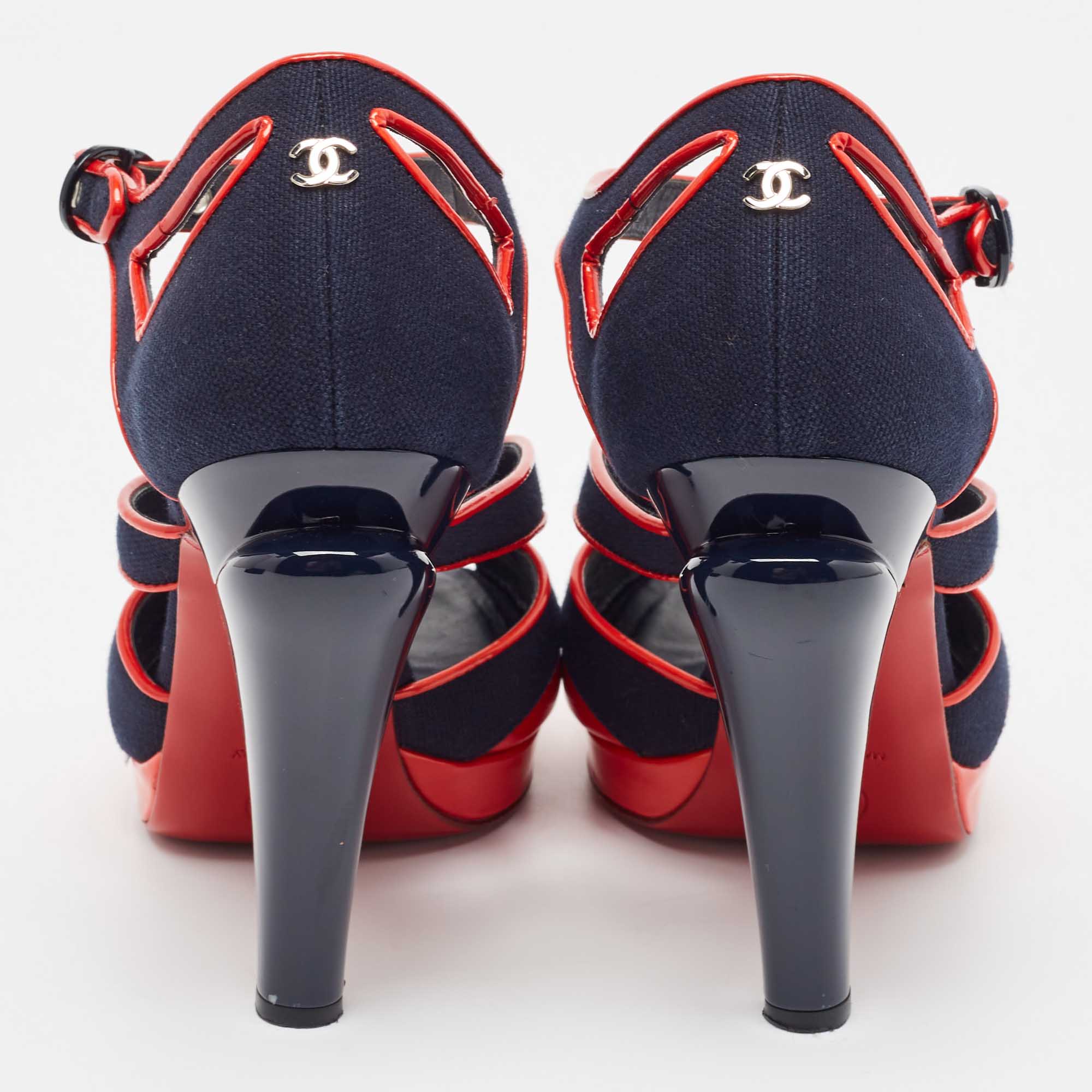 Chanel Navy Blue/Red Canvas And Patent Leather CC Peep Toe Ankle Strap Sandals Size 37