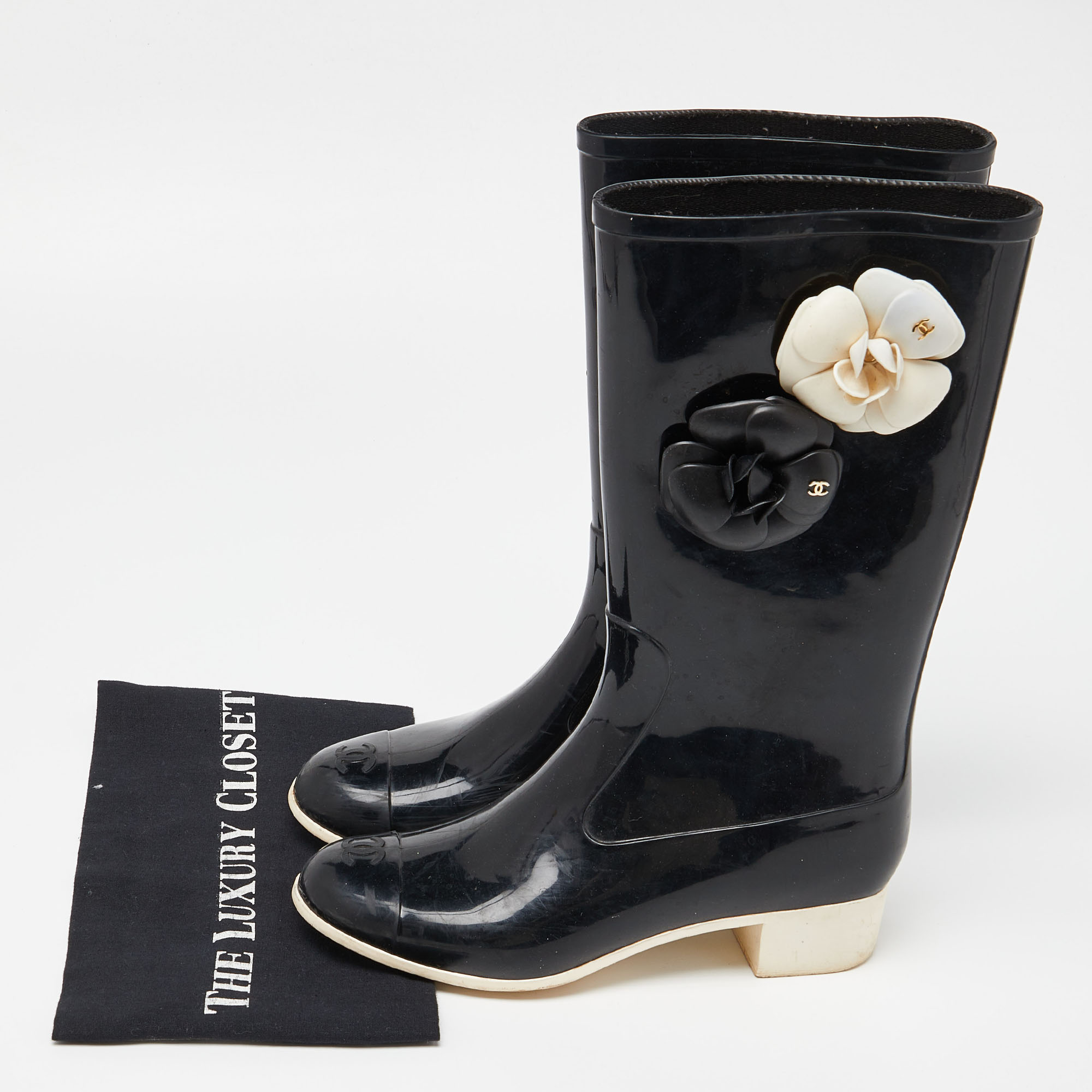 Chanel Black Rubber Camelia Rain Boots Size 38