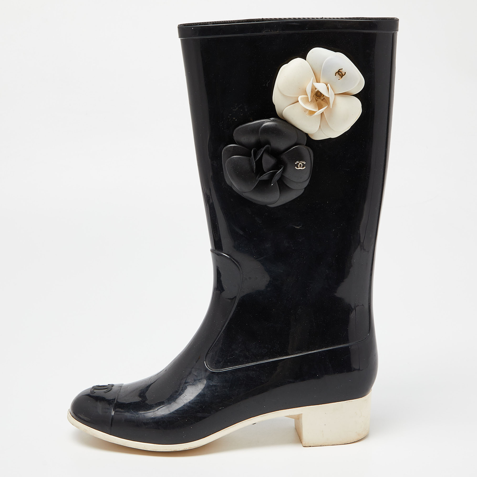 Chanel Black Rubber Camelia Rain Boots Size 38