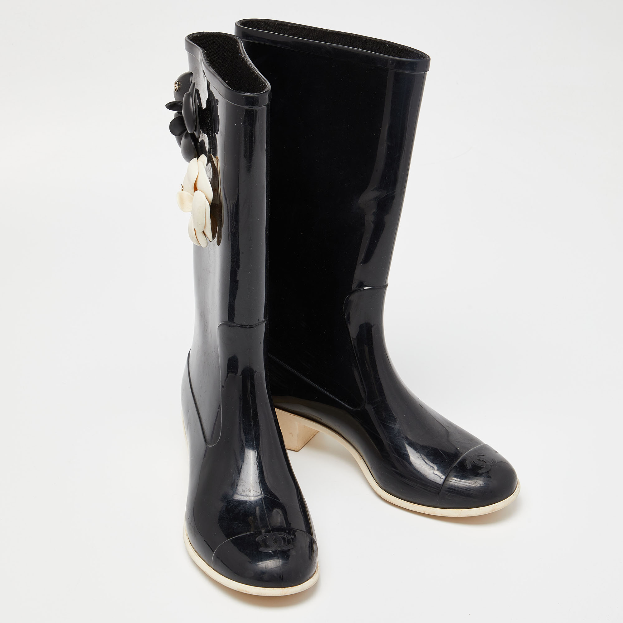 Chanel Black Rubber Camelia Rain Boots Size 38