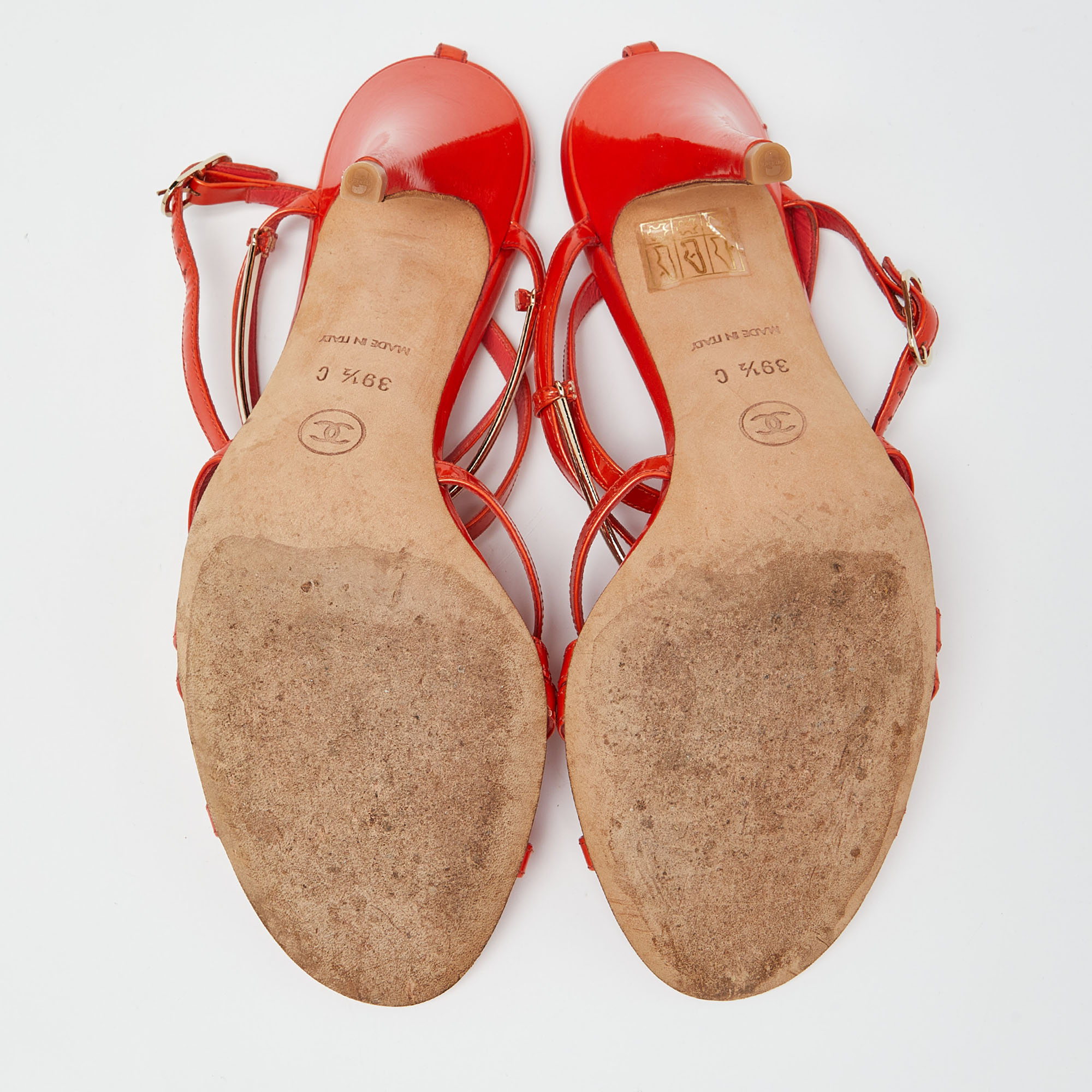 Chanel Orange Patent Ankle Strap Sandals Size 39.5