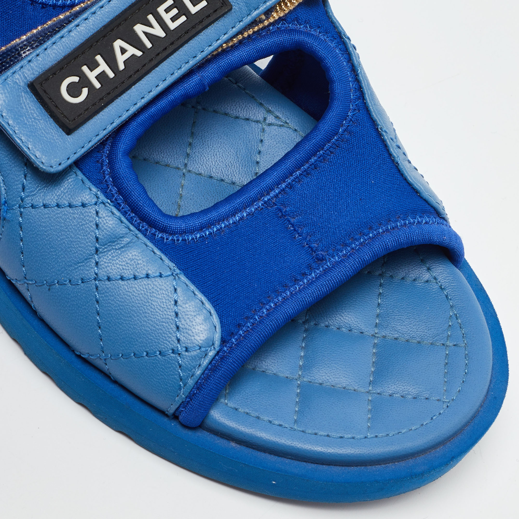 Chanel Blue Quilted Leather And Neoprene CC Ankle Strap Flat Sandals Size 39