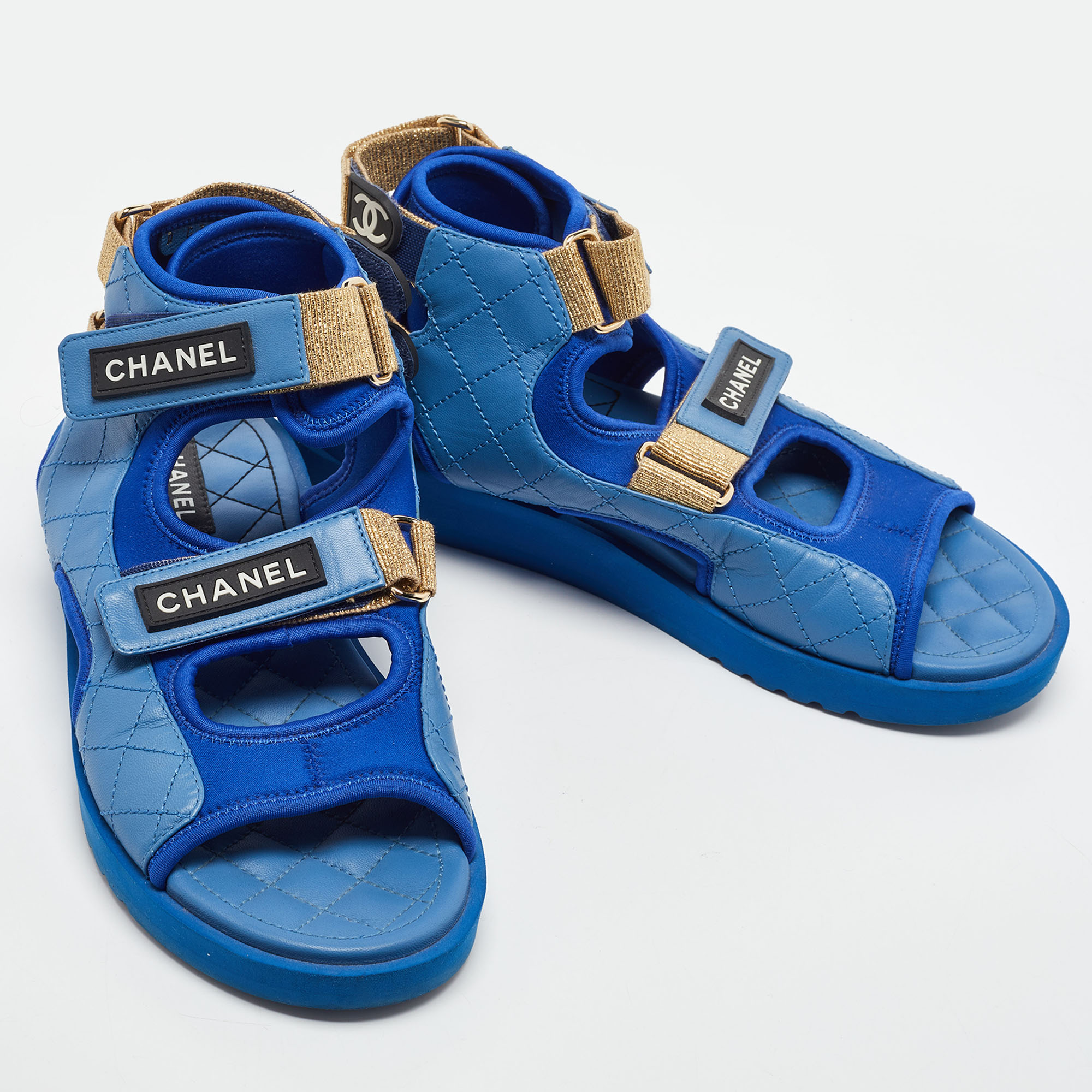 Chanel Blue Quilted Leather And Neoprene CC Ankle Strap Flat Sandals Size 39