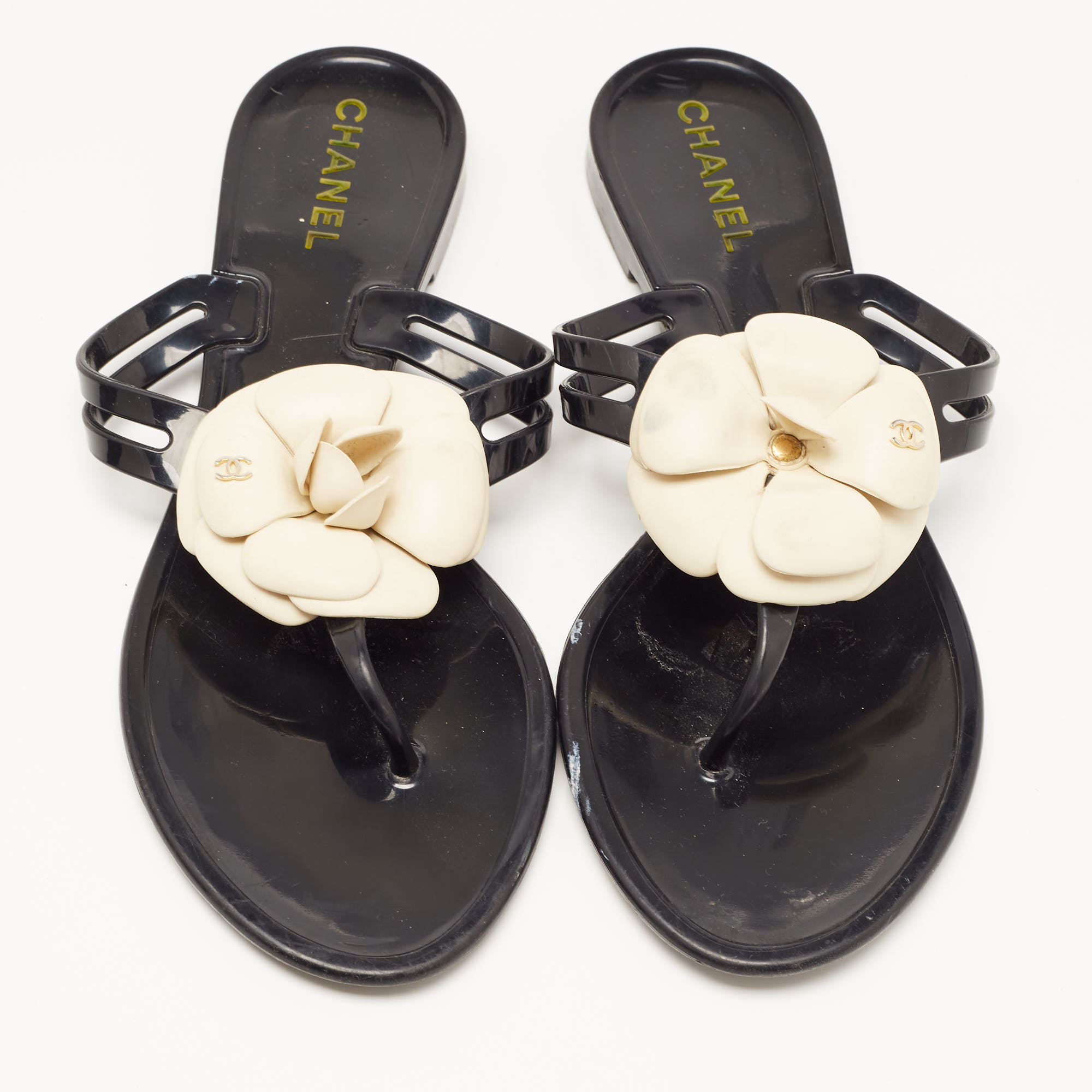 Chanel Black Jelly Camellia Thong Flats Size 40