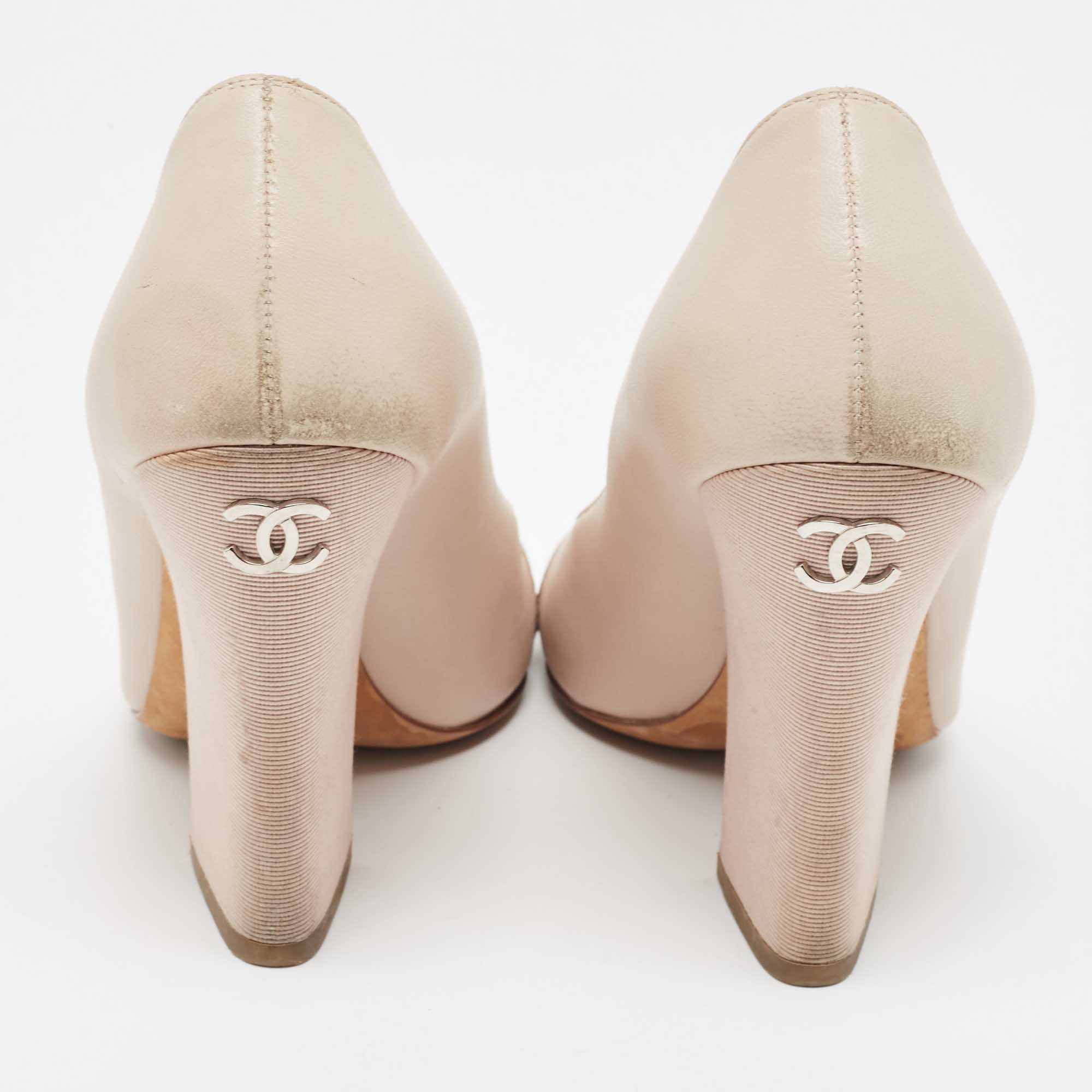 Chanel Two Tone Leather And Fabric CC Faux Pearl Open Toe Pumps Size 37.5