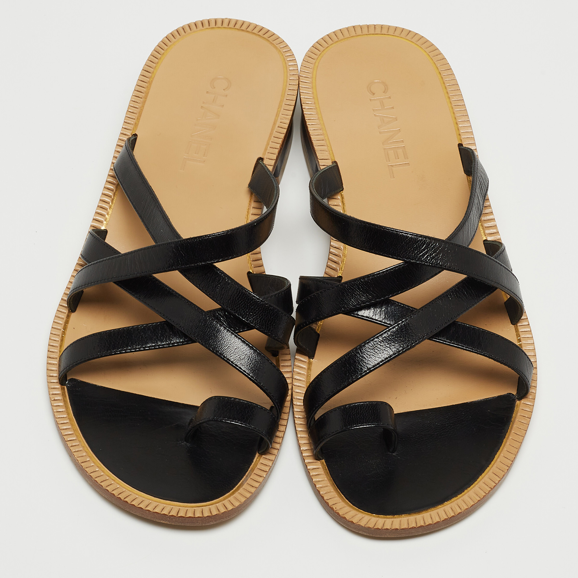 Chanel Black Leather Criss Cross Slide Sandals Size 39