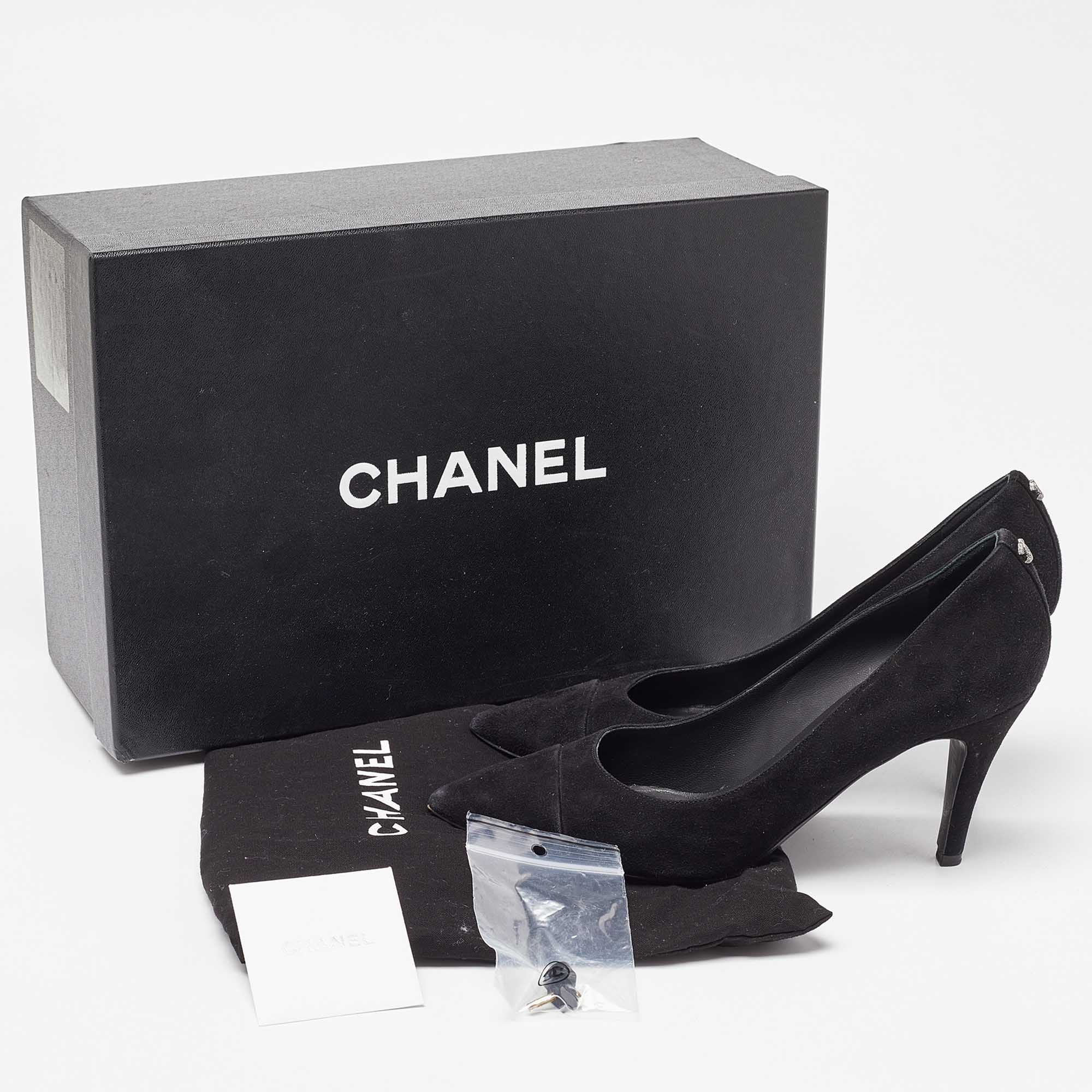 Chanel Black Suede Cap Toe Pointed Pumps Size 37.5