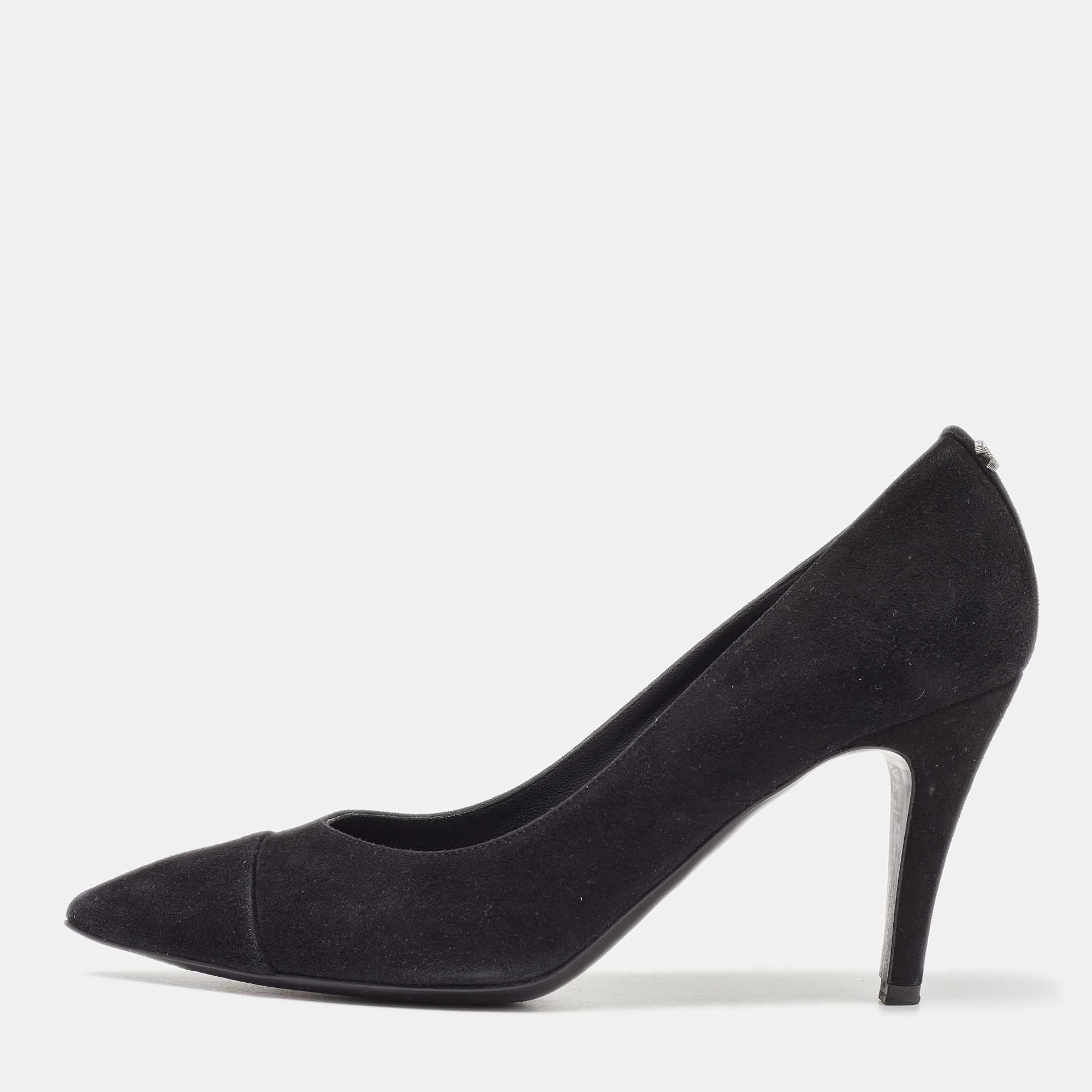 Chanel Black Suede Cap Toe Pointed Pumps Size 37.5