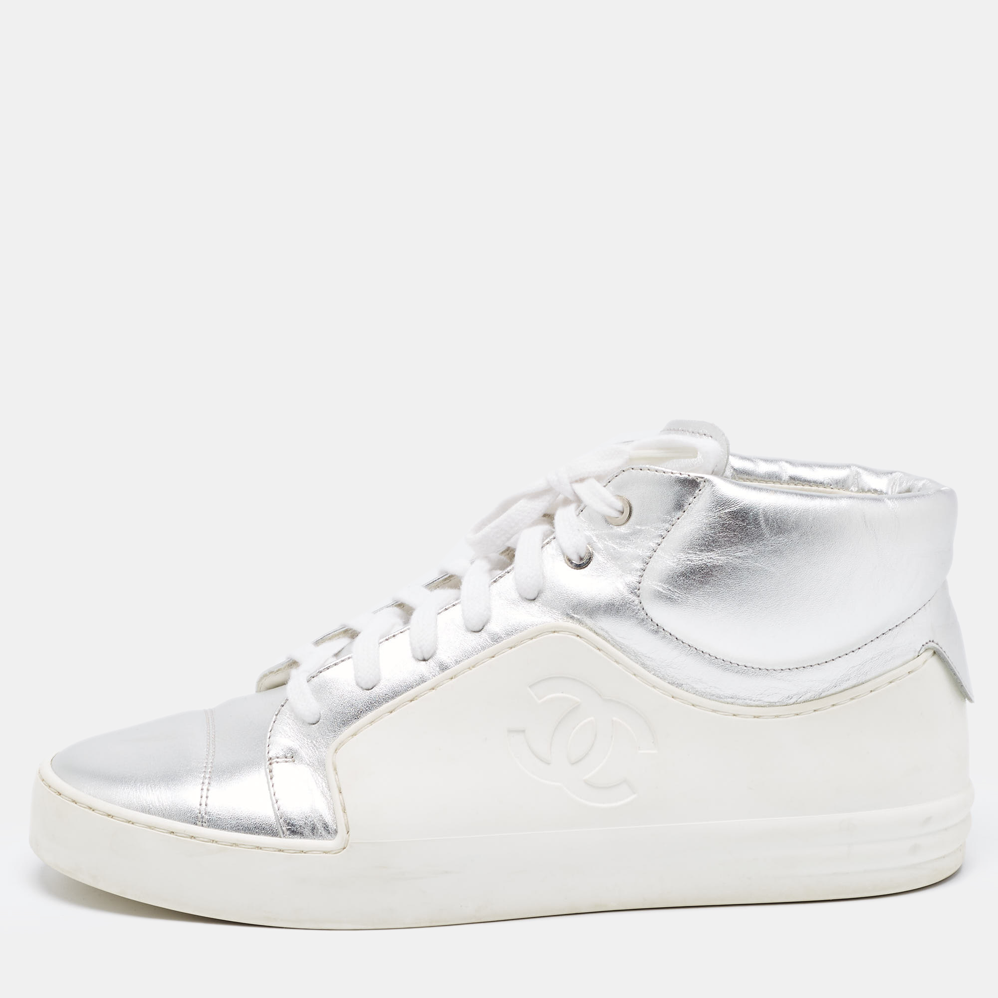 Chanel metallic silver/white leather and rubber lace up high top sneakers size 39.5