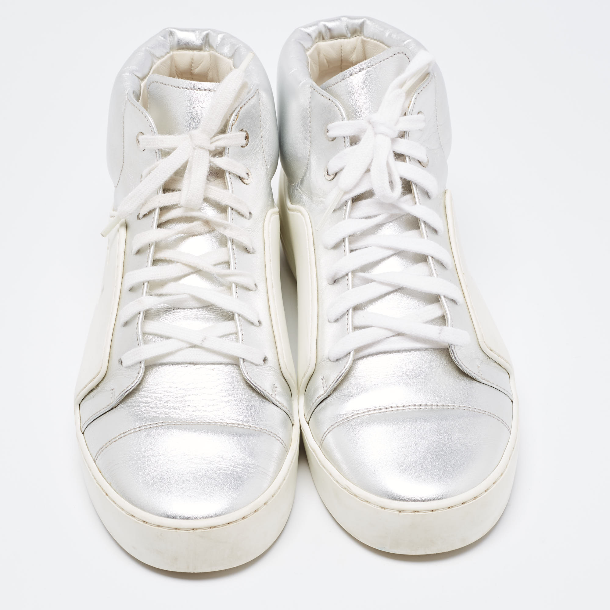 Chanel Metallic Silver/White Leather And Rubber Lace Up High Top Sneakers Size 39.5