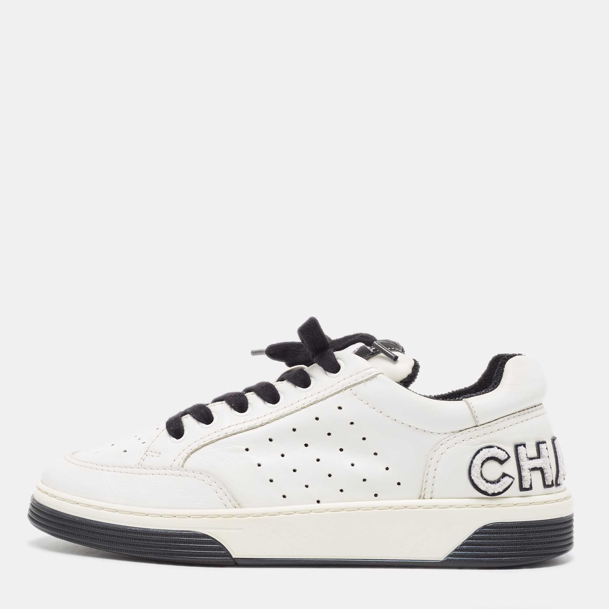 Chanel White Perforated Leather Logo Low Top Sneakers Size 39