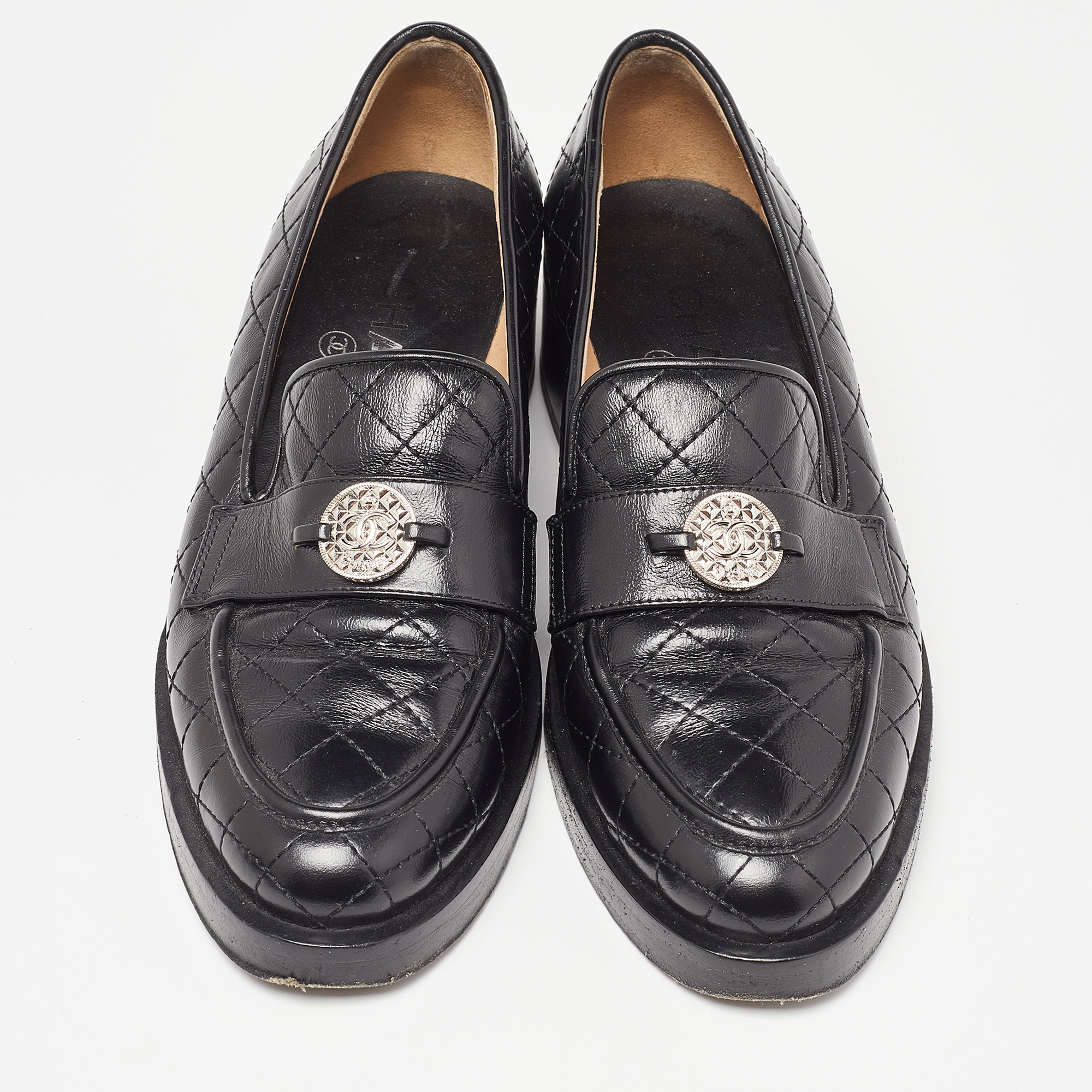 Chanel Black Quilted Leather CC Logo Slip On Loafers Size 36.5