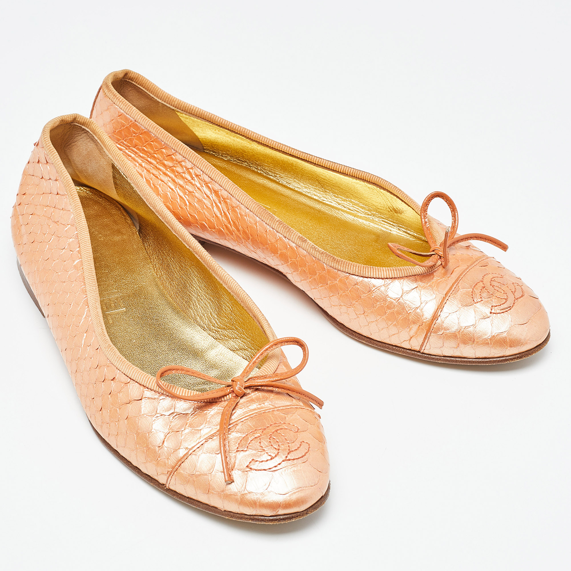 Chanel Pearl Orange Python CC Bow Ballet Flats Size 36.5