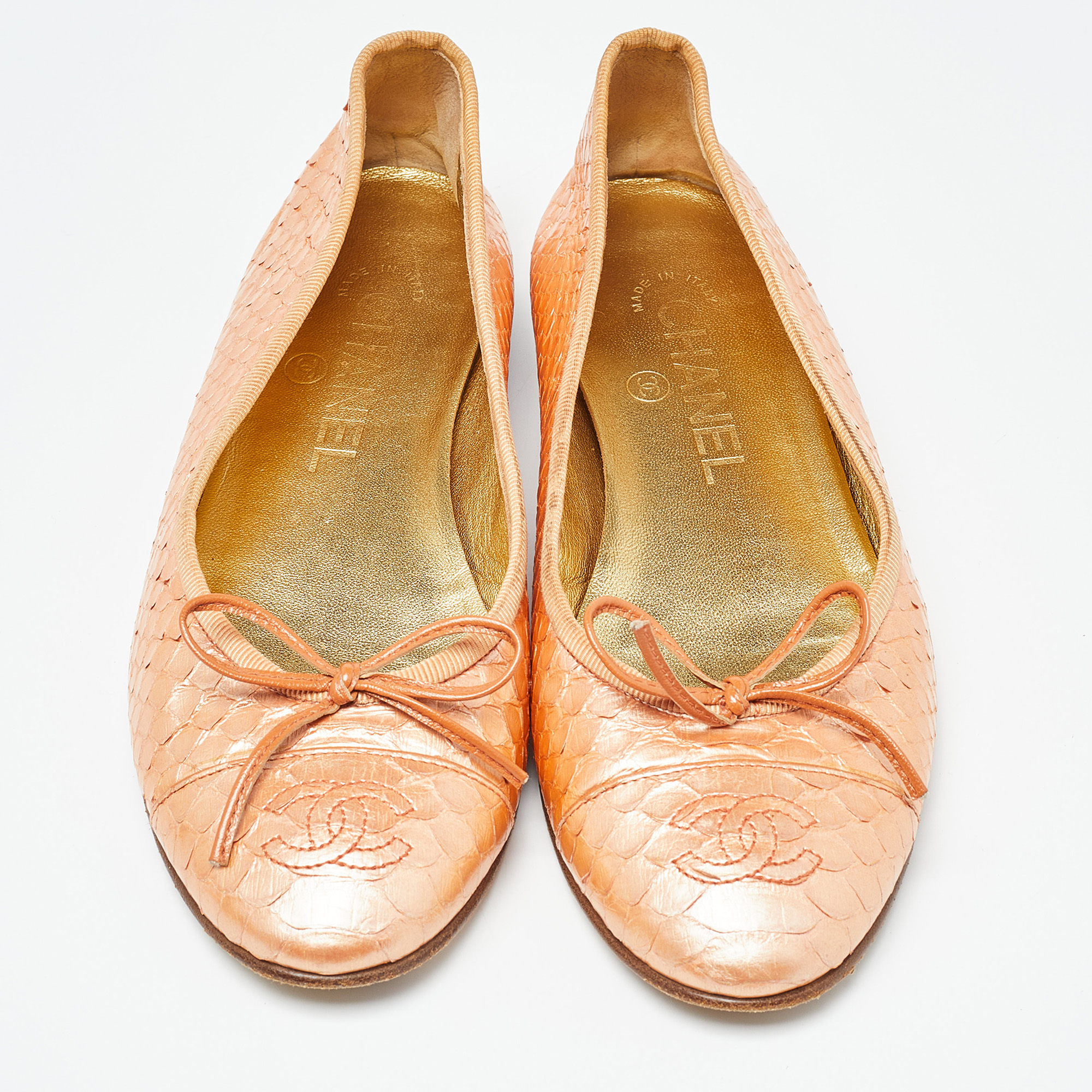 Chanel Pearl Orange Python CC Bow Ballet Flats Size 36.5