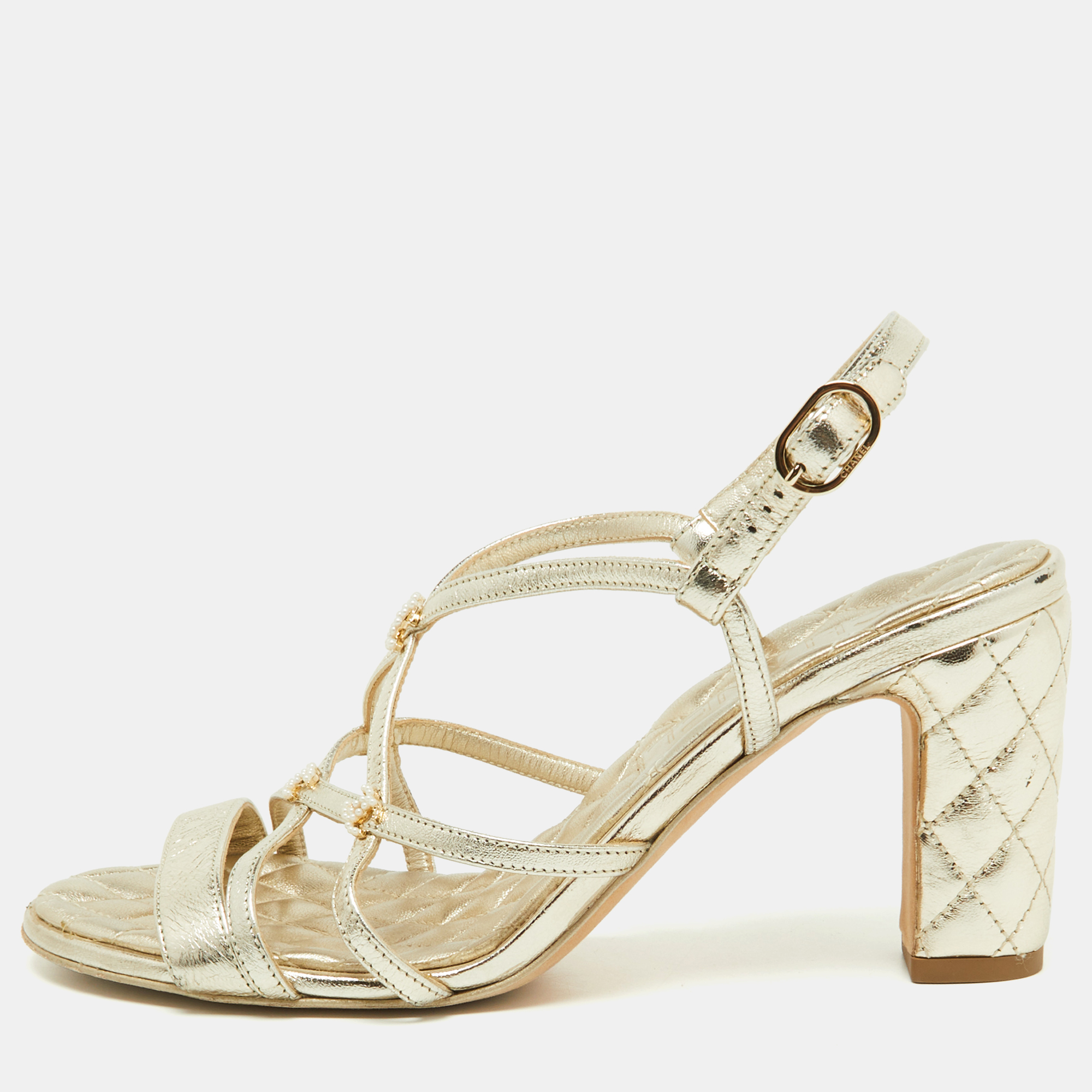 Chanel Light Gold Leather Faux Pearl Embellished CC Ankle Strap Block Heel Sandals Size 36.5
