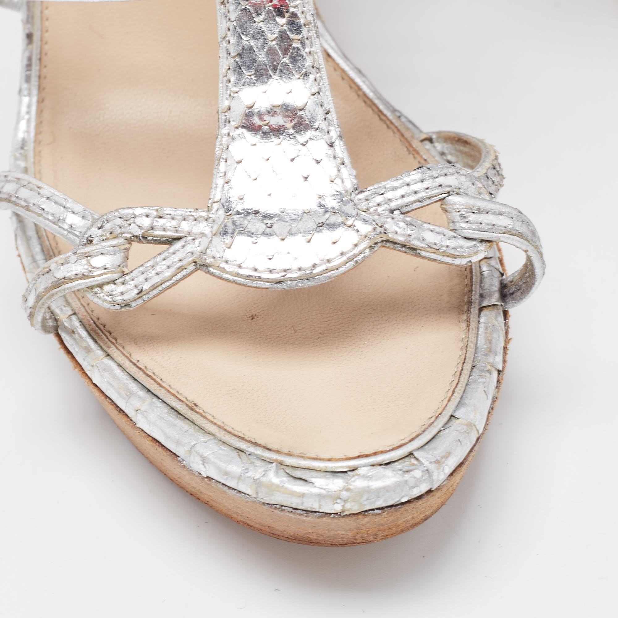 Chanel Silver Python Embossed Wedge Sandals Size 37.5