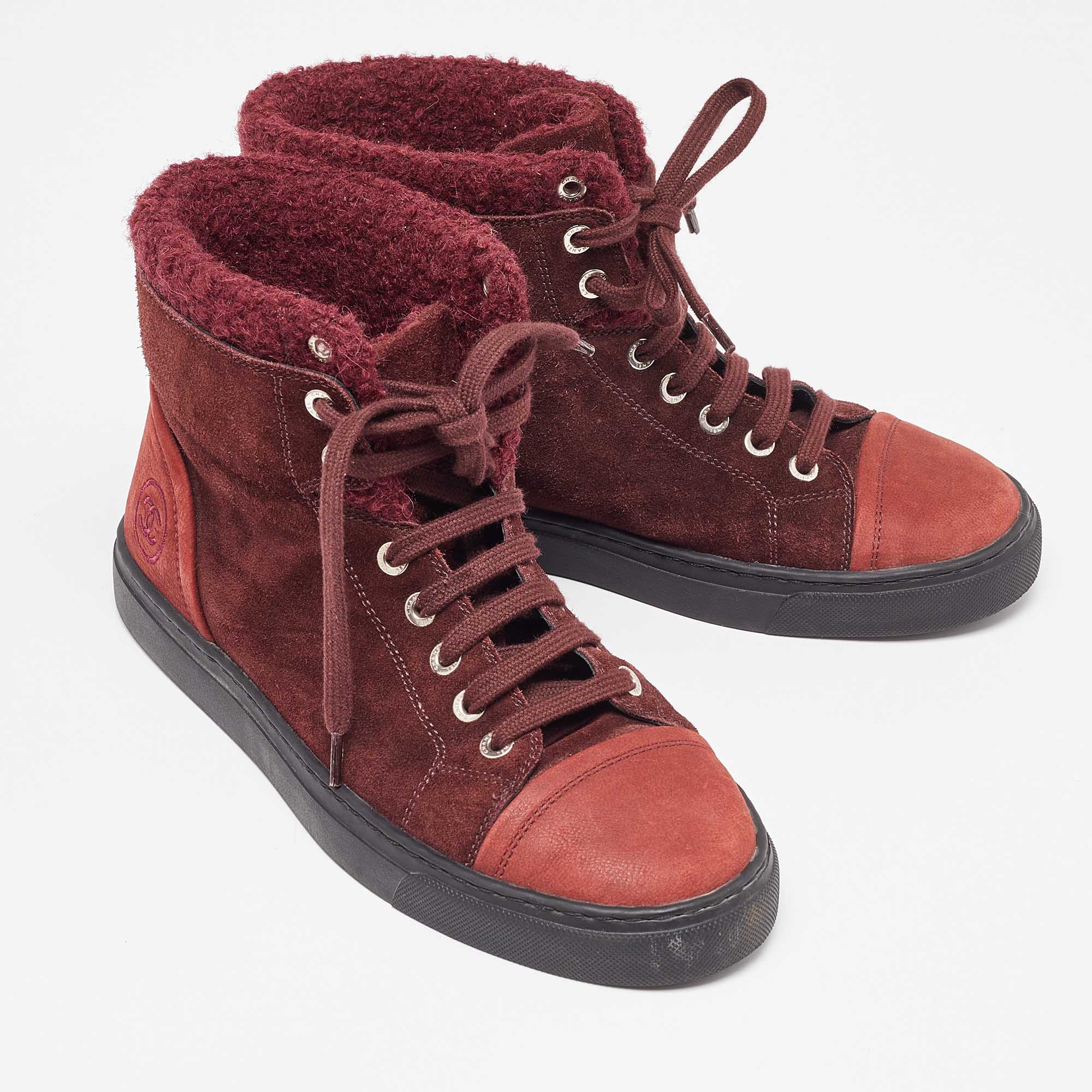 Chanel Burgundy Suede And Wool Trim CC High Top Sneakers Size 37.5