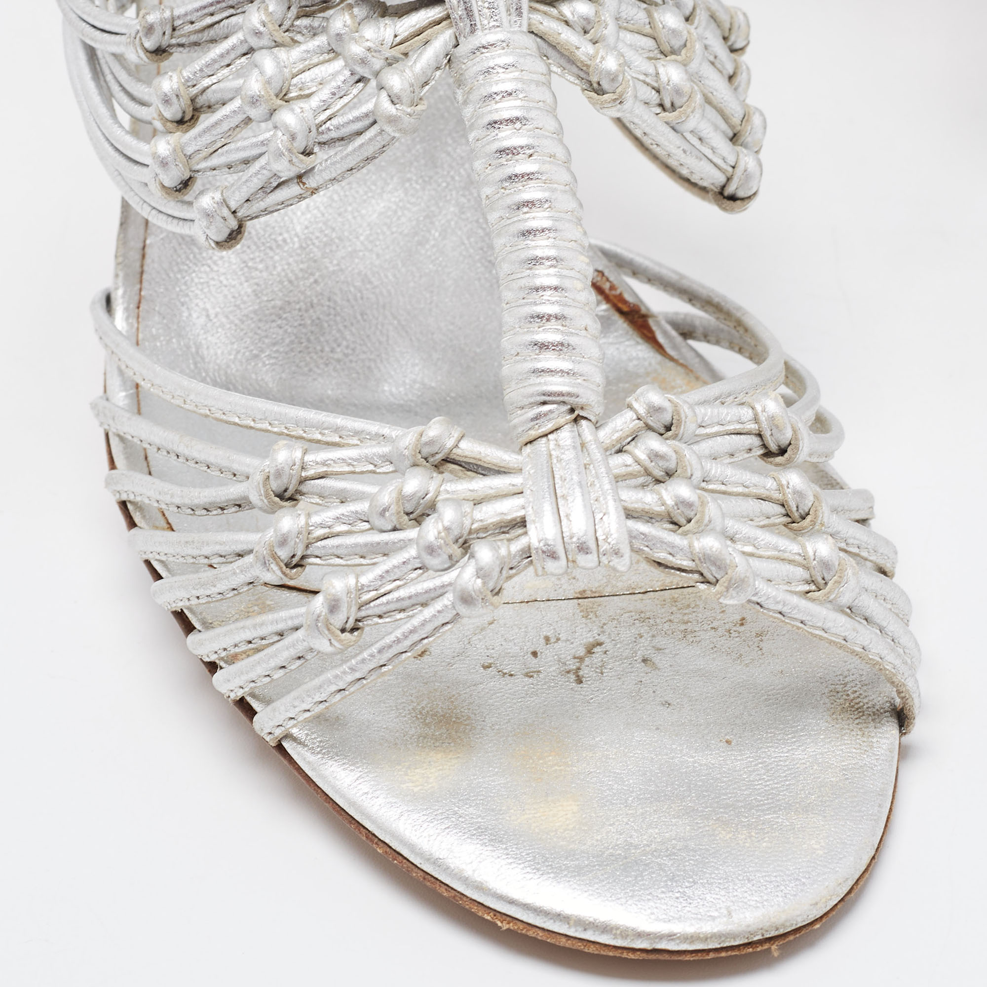 Chanel Silver Knotted Leather CC Ankle Strap Sandals 38.5