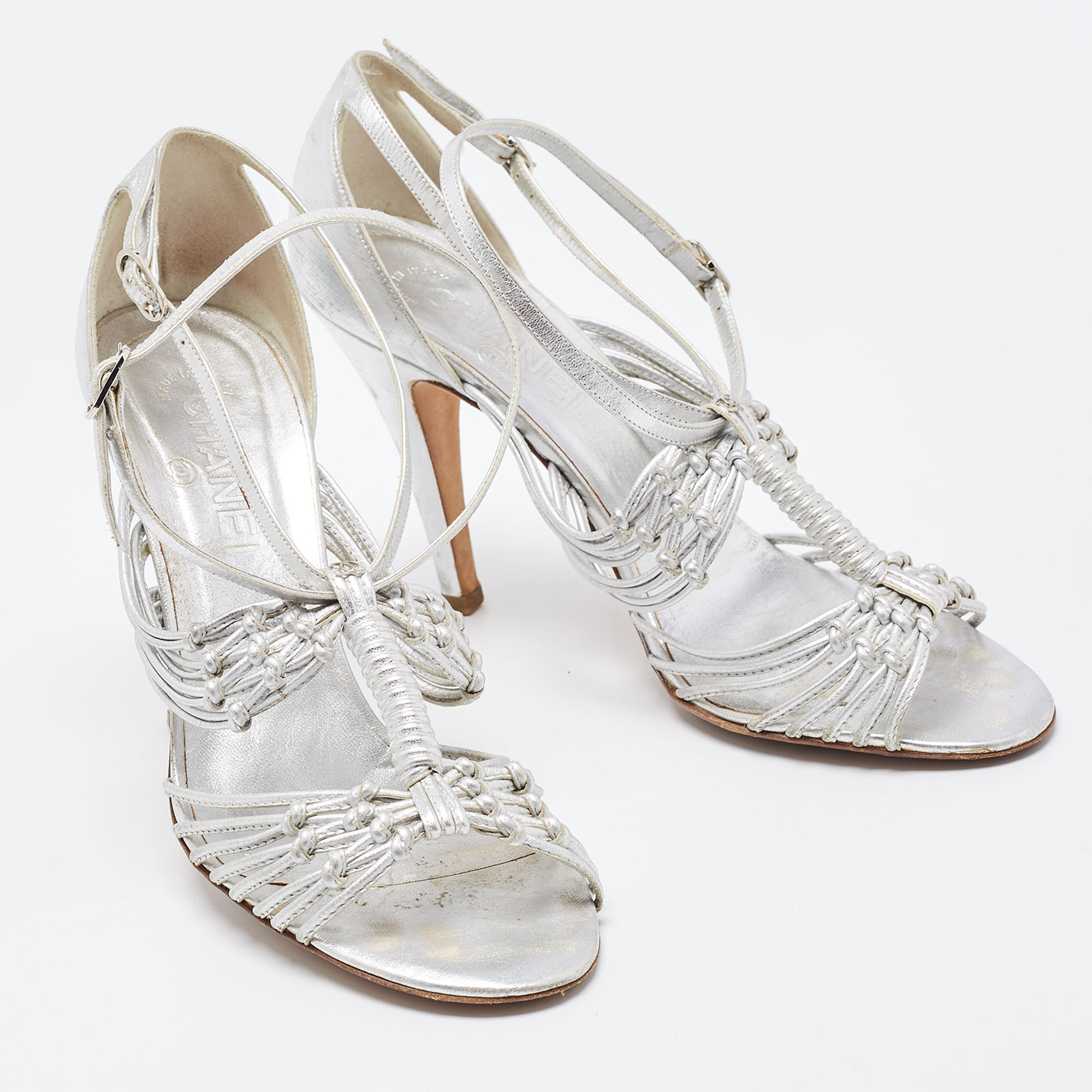 Chanel Silver Knotted Leather CC Ankle Strap Sandals 38.5