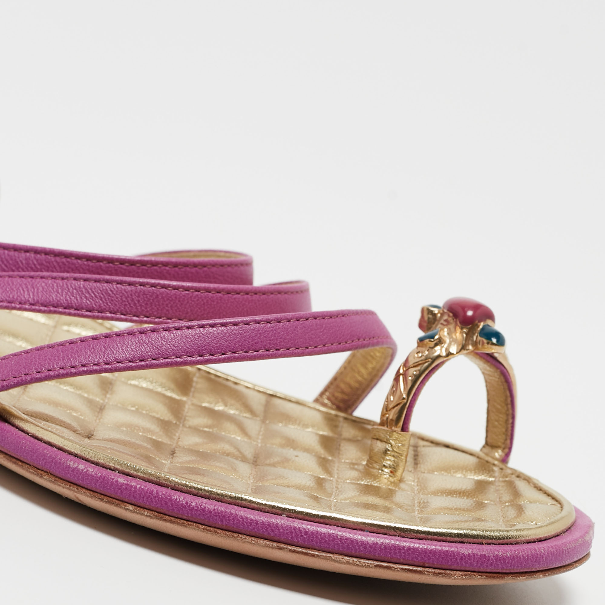 Chanel Purple Leather Embellished Toe Ring Ankle Strap Flat Sandals Size 36.5