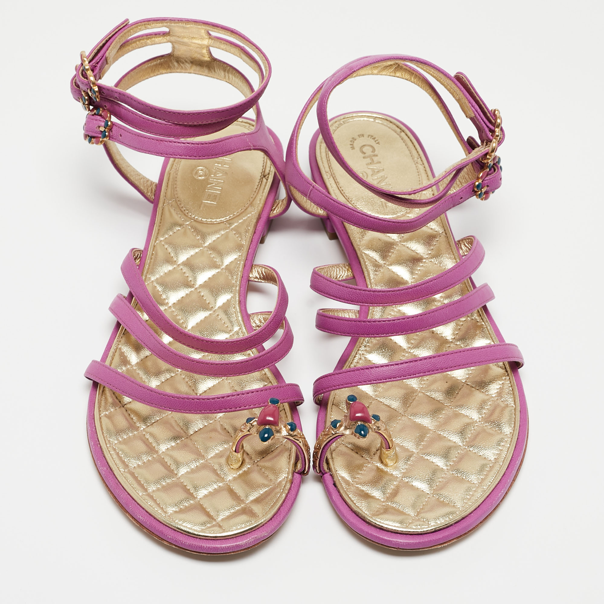 Chanel Purple Leather Embellished Toe Ring Ankle Strap Flat Sandals Size 36.5