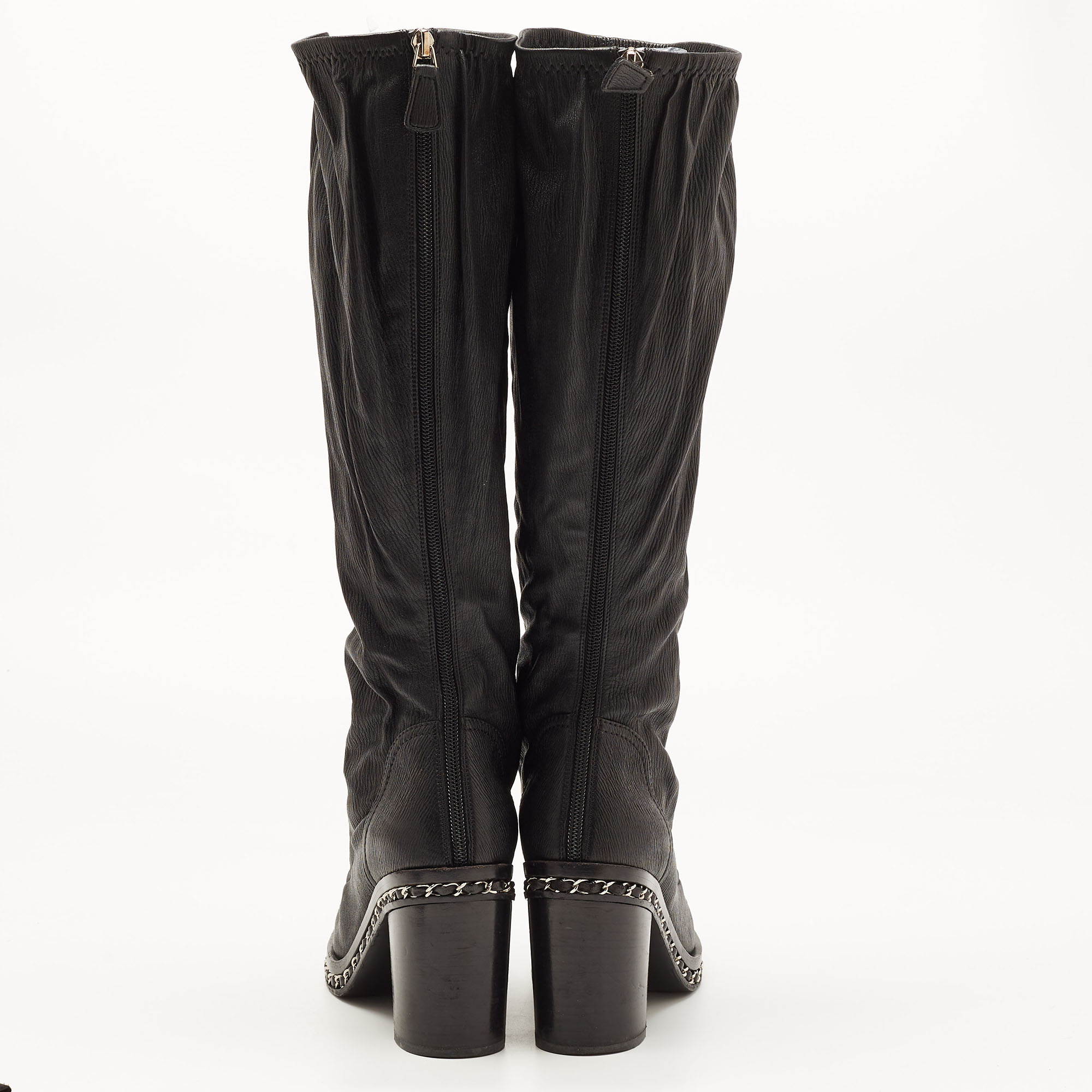Chanel Black Leather CC Cap Toe Chain Detail Knee Boots Size 38.5