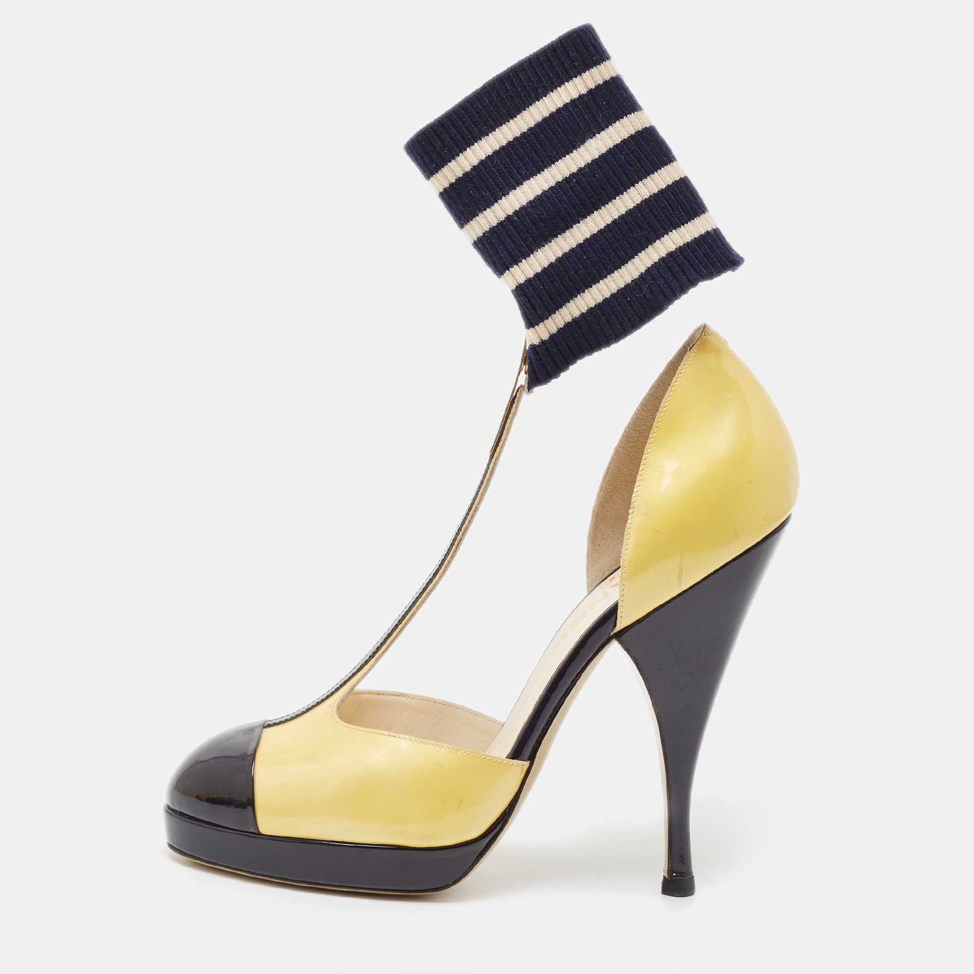 Chanel yellow/black patent leather t-strap ankle sock platform pumps size 39
