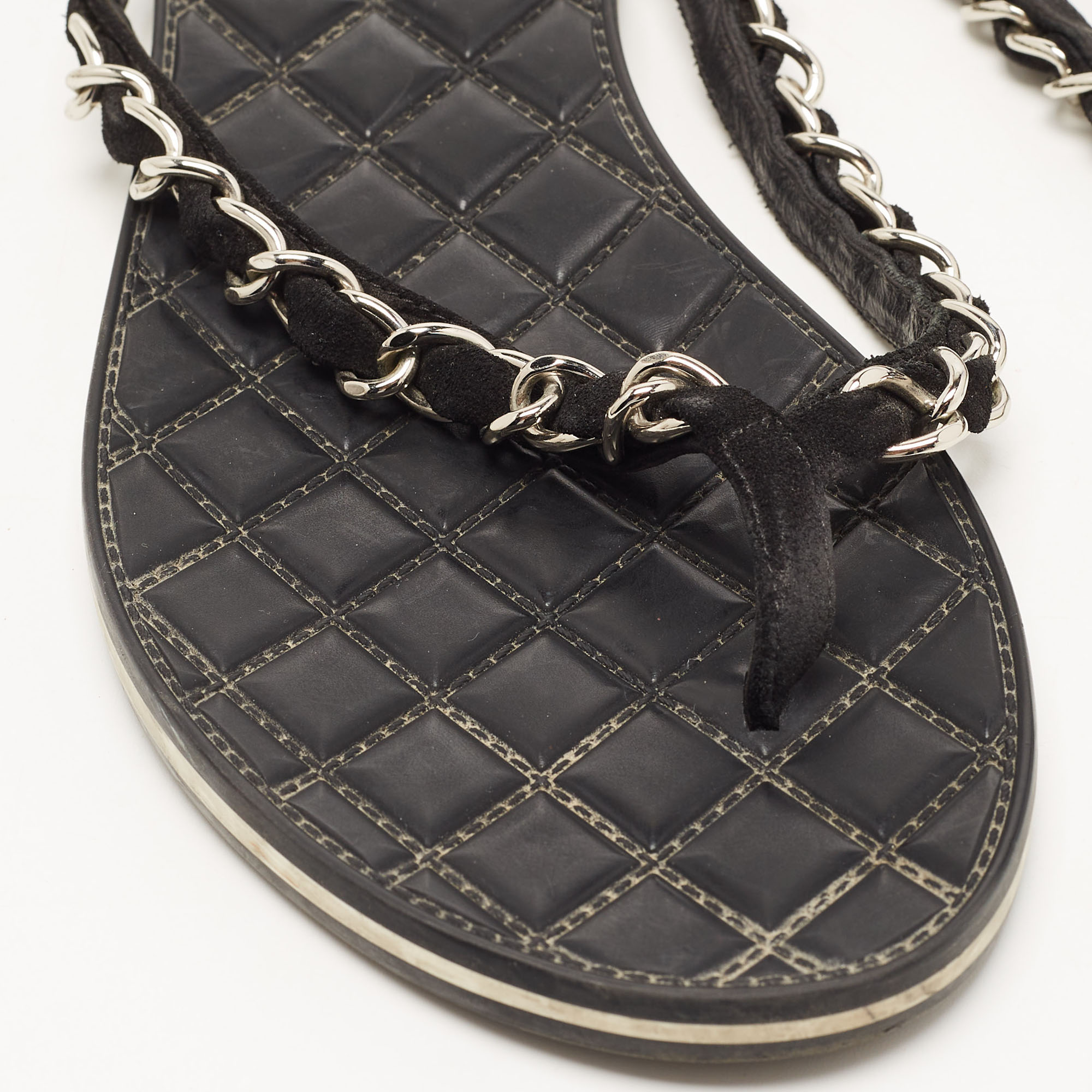 Chanel Black Suede Chain Detail Thong Flat Slides Size 37.5