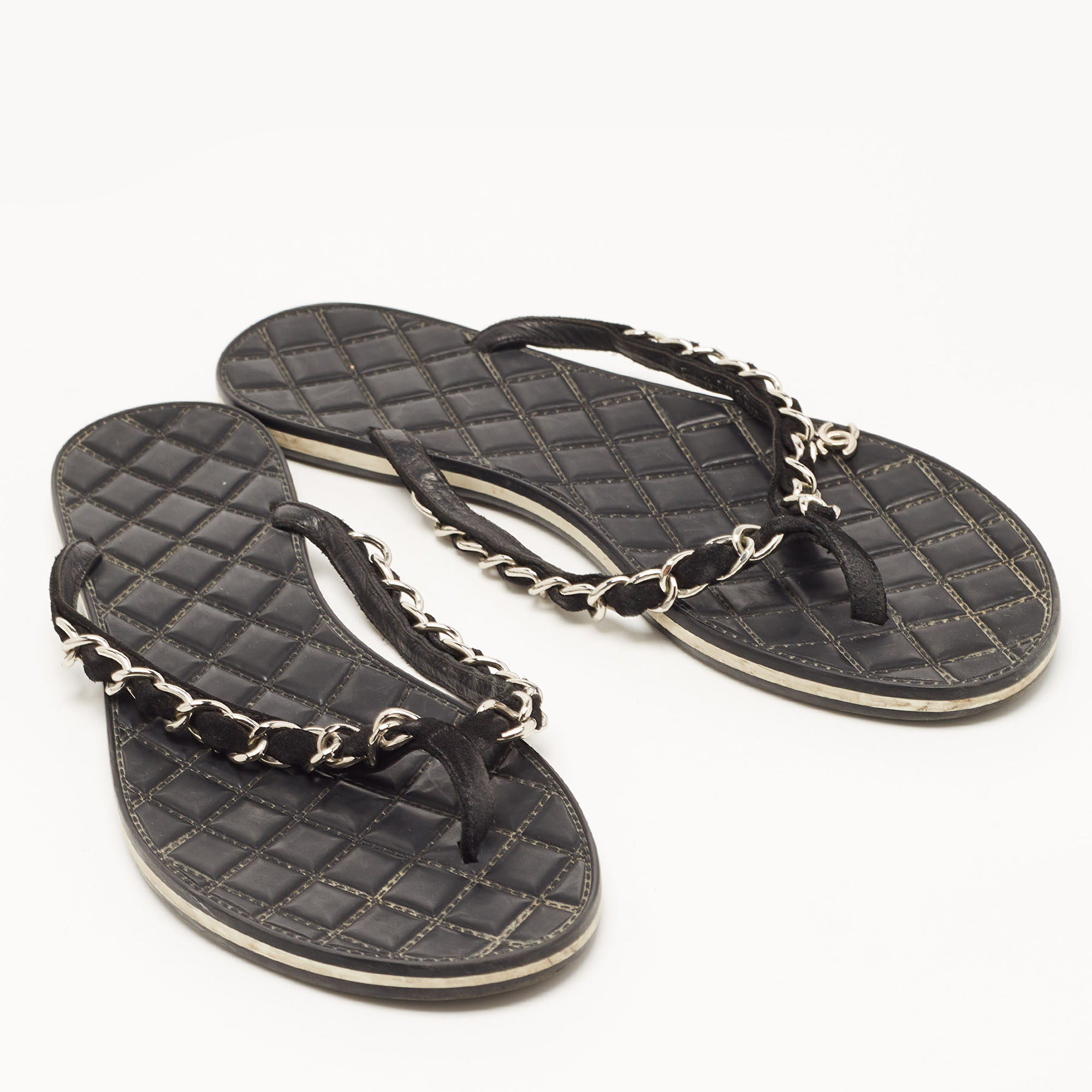 Chanel Black Suede Chain Detail Thong Flat Slides Size 37.5