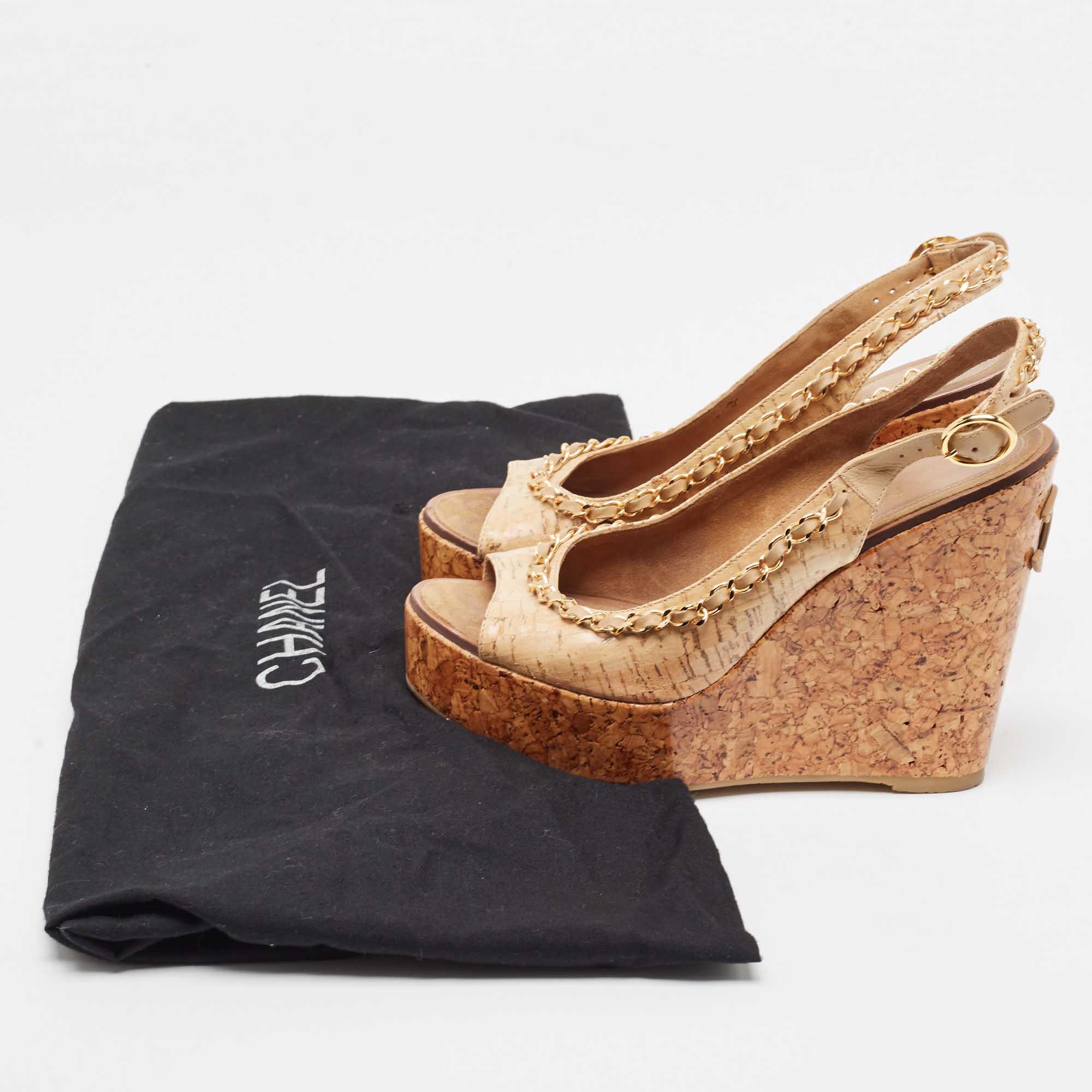 Chanel Beige Leather Chain Detail Cork Wedge Platform Sandals Size 38