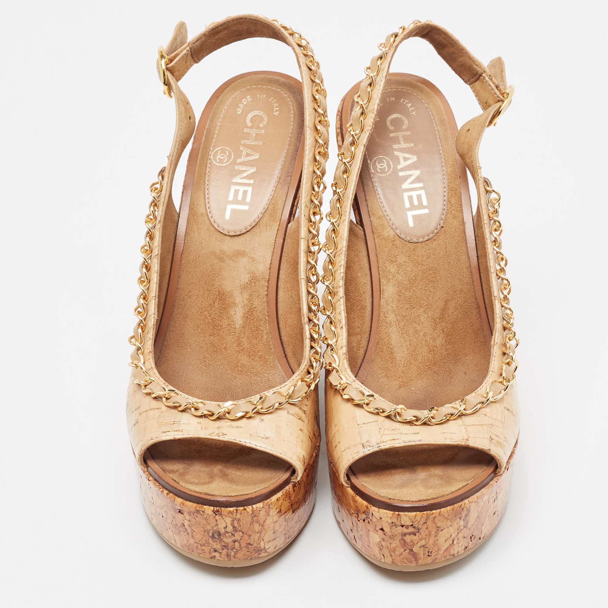 Chanel Beige Leather Chain Detail Cork Wedge Platform Sandals Size 38