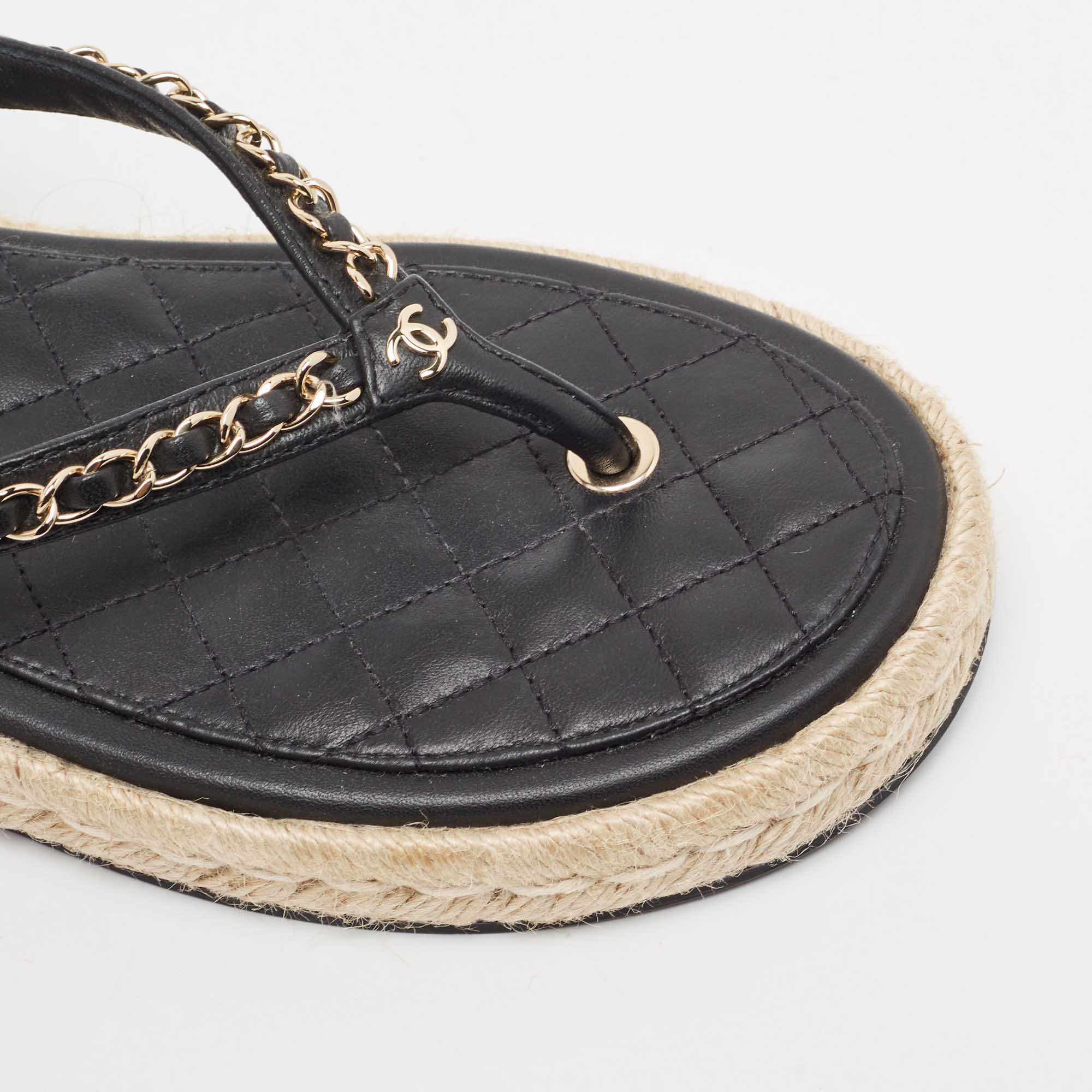 Chanel Black Leather Chain Link CC Espadrille Ankle Strap Thong Sandals Size 41