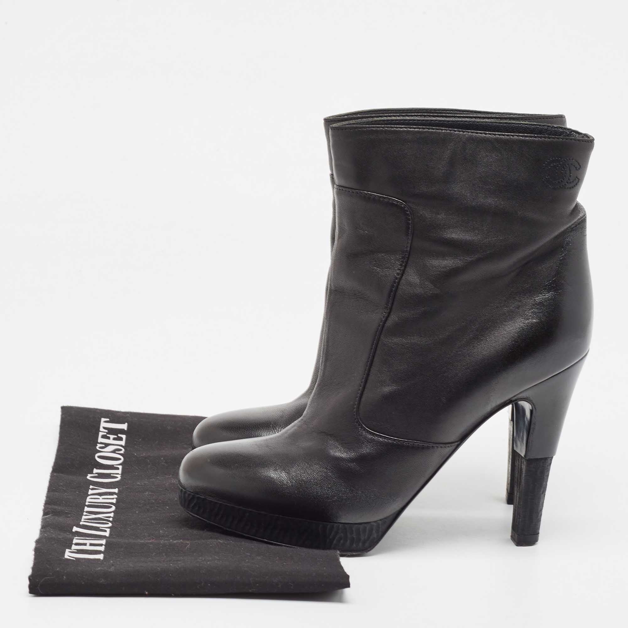 Chanel Black Leather Ankle Boots Size 36.5