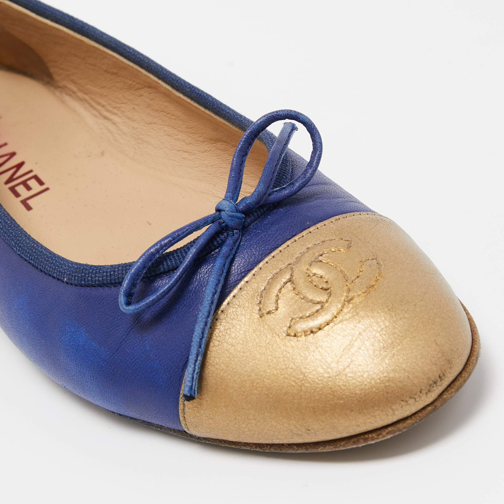 Chanel Blue/Gold Leather CC Cap Toe Bow Ballet Flats Size 38