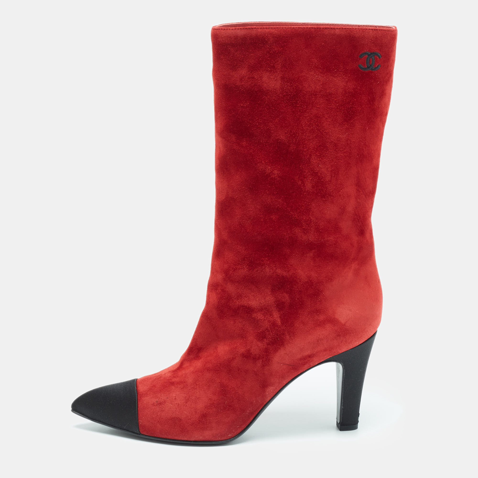 Chanel Red/Black Suede Pointed Toe Mid Calf Boots Size 40