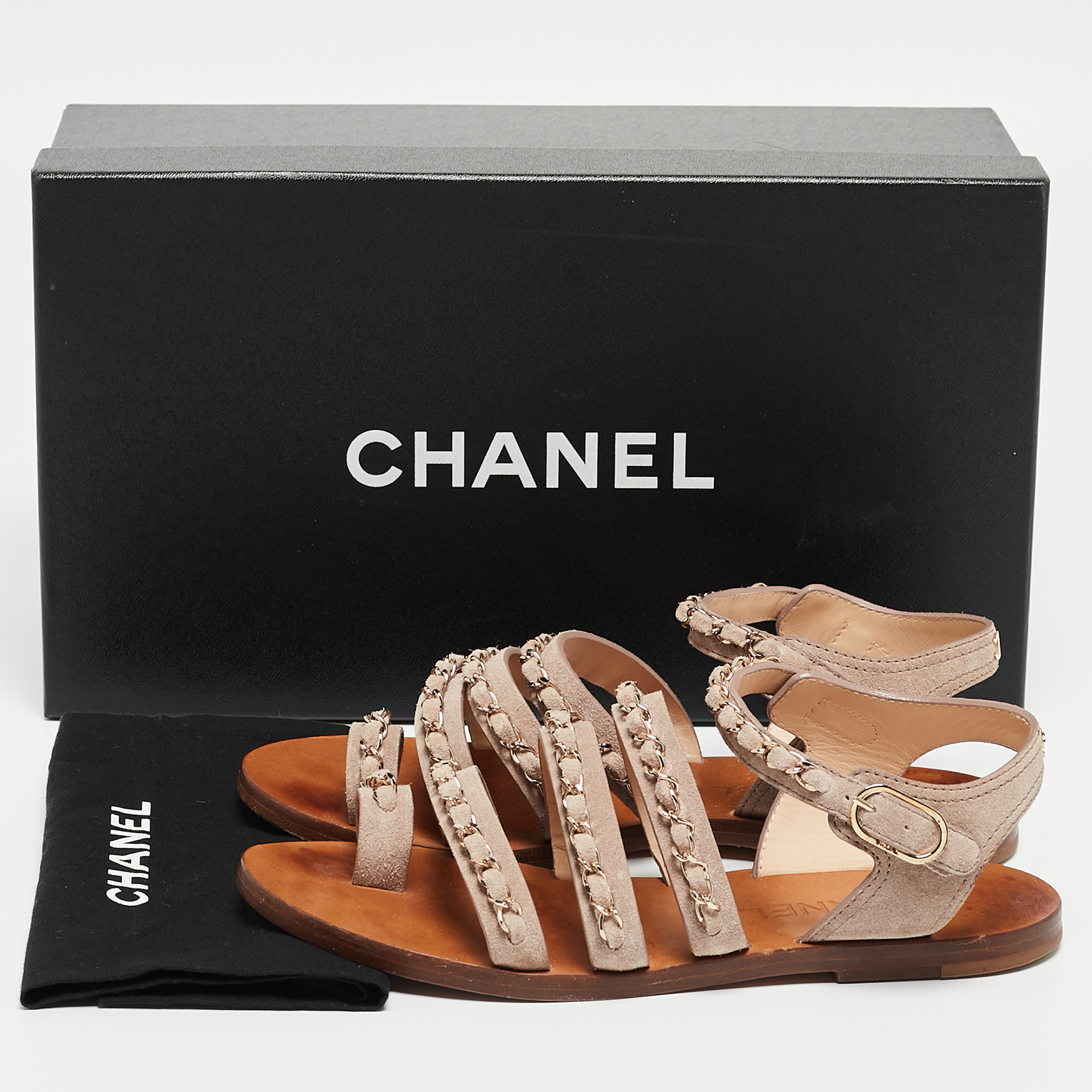 Chanel Beige Suede Chain Detail Flat Sandals Size 37