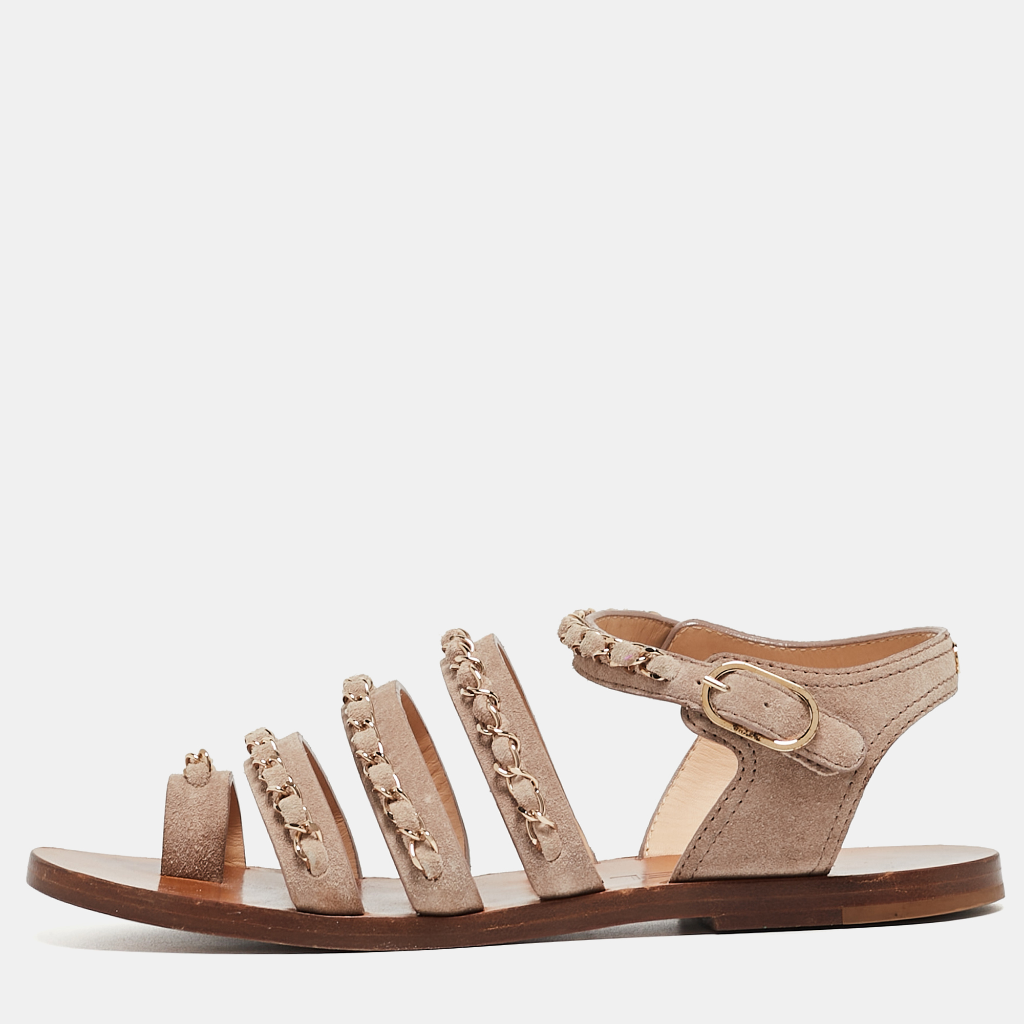 Chanel Beige Suede Chain Detail Flat Sandals Size 37