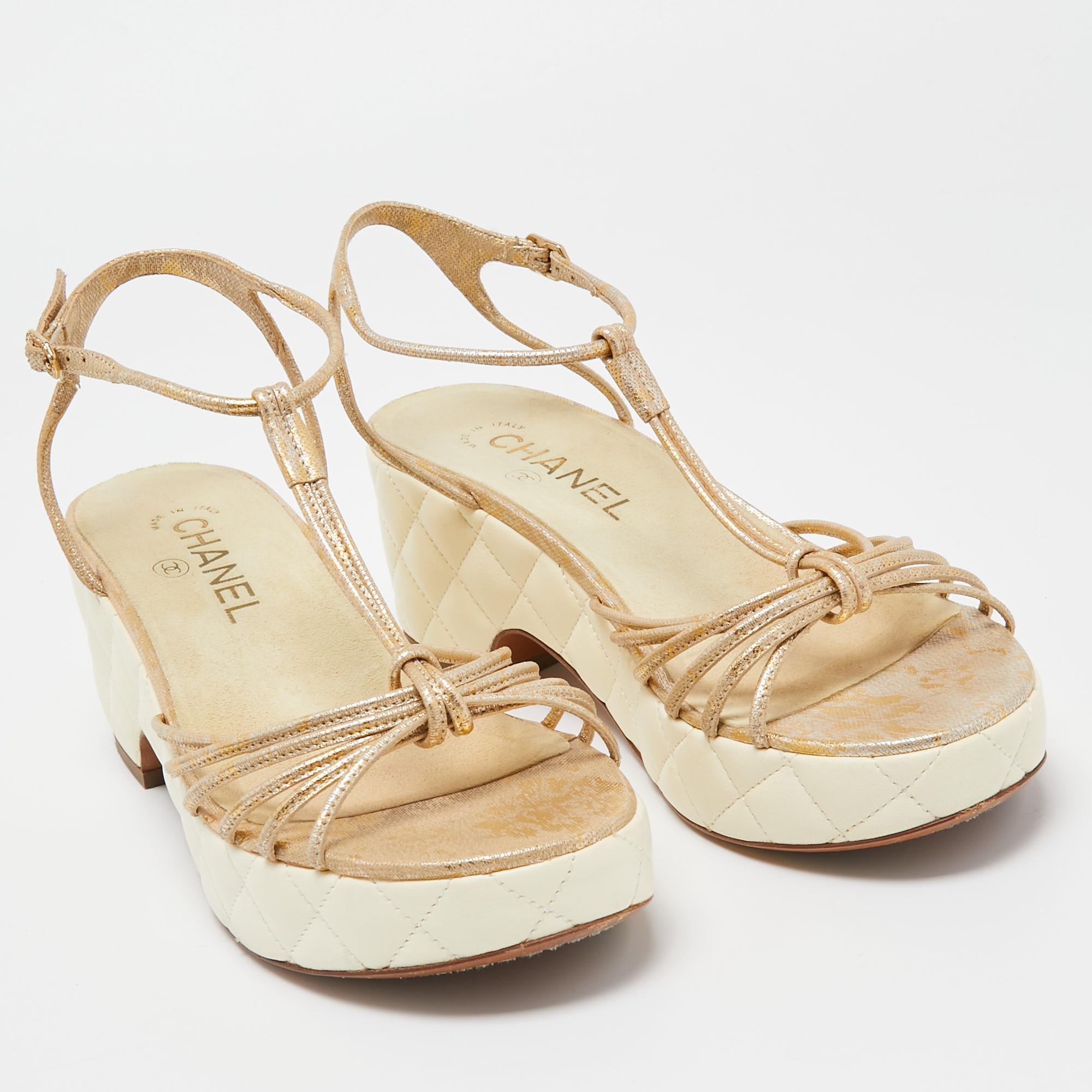 Chanel Cream Leather CC Wedge Sandals Size 37.5