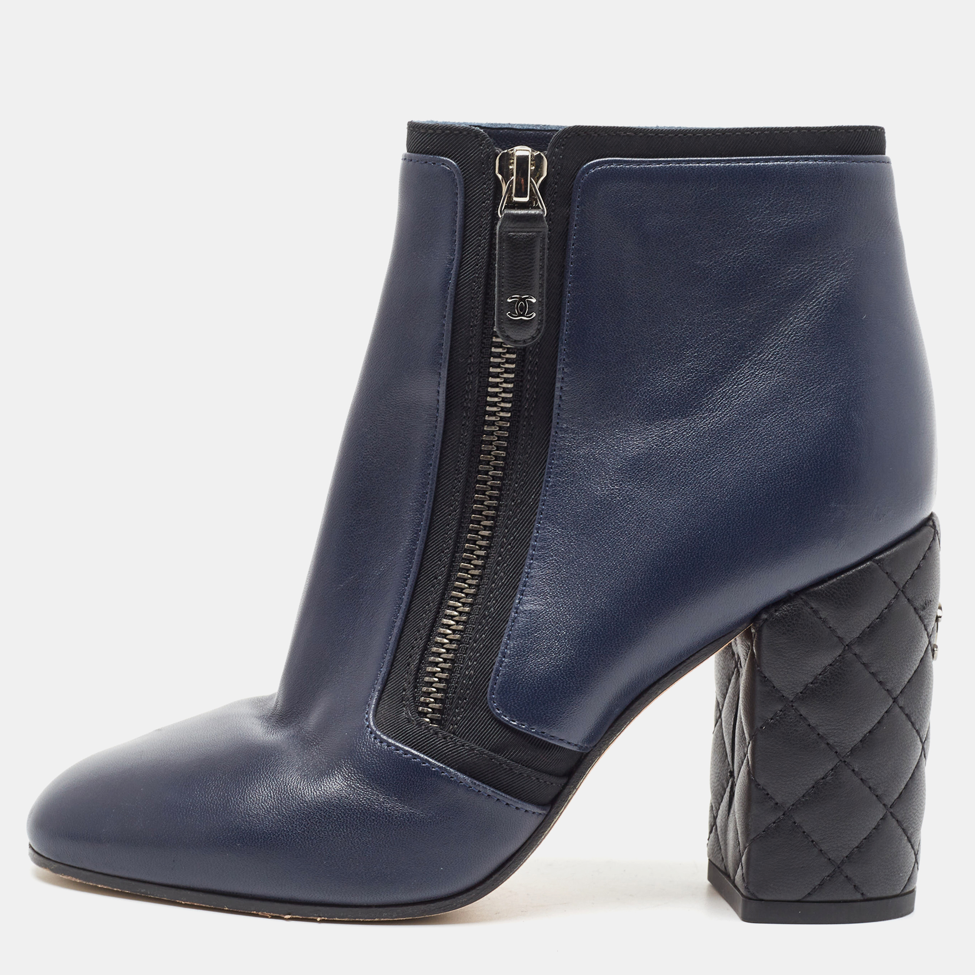 Chanel Blue Leather CC Block Heel Ankle Boots Size 36