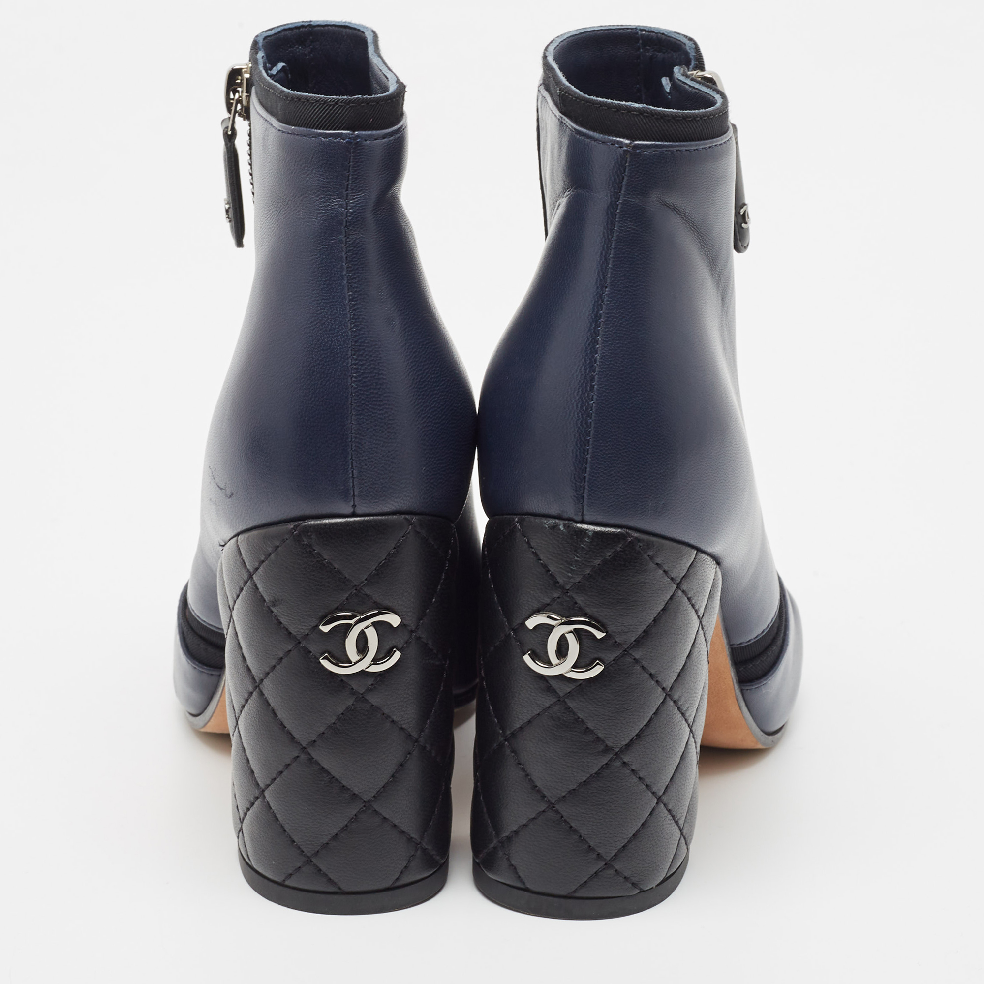 Chanel Blue Leather CC Block Heel Ankle Boots Size 36