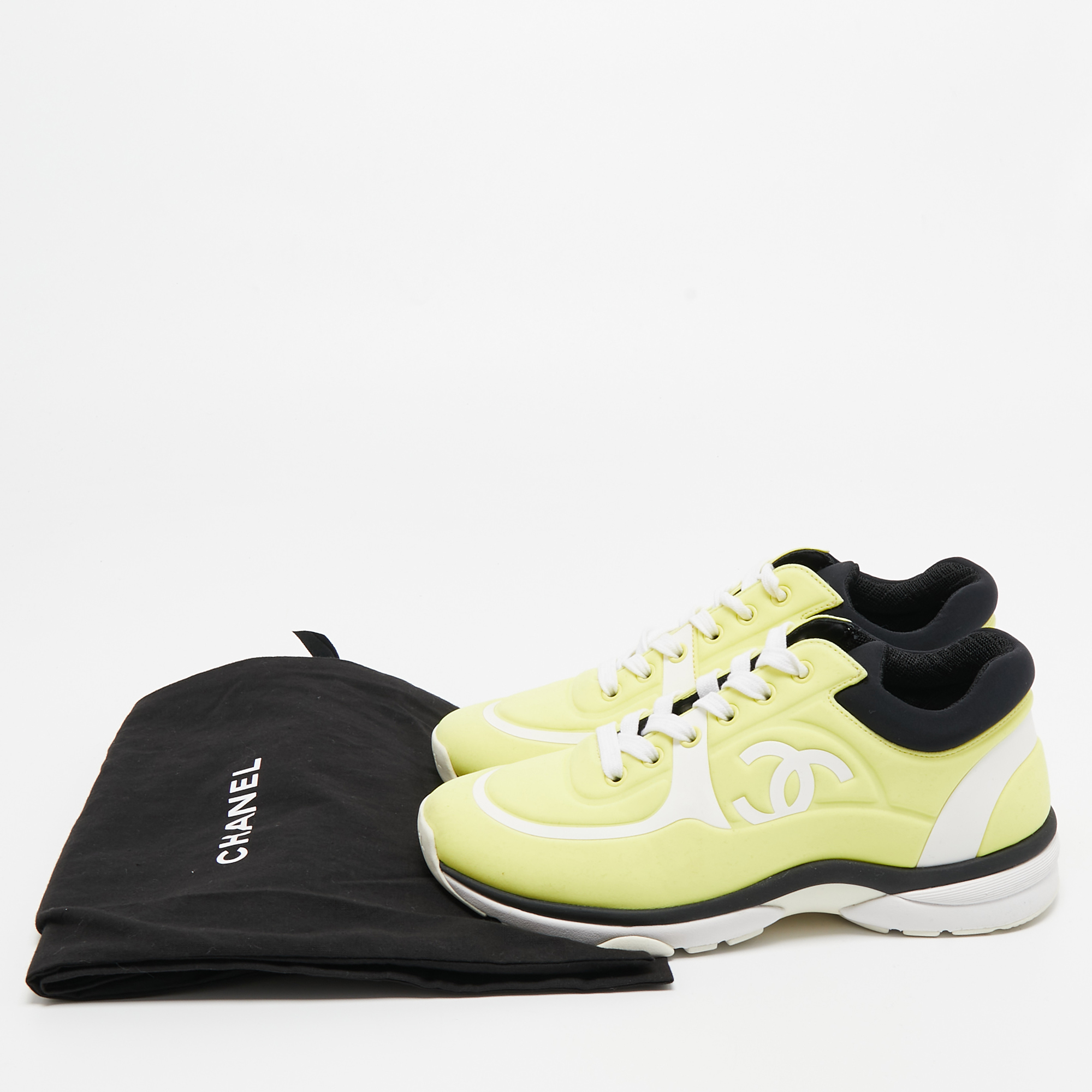 Chanel Neon Yellow/Black Lycra CC Low Top Sneakers Size 36.5