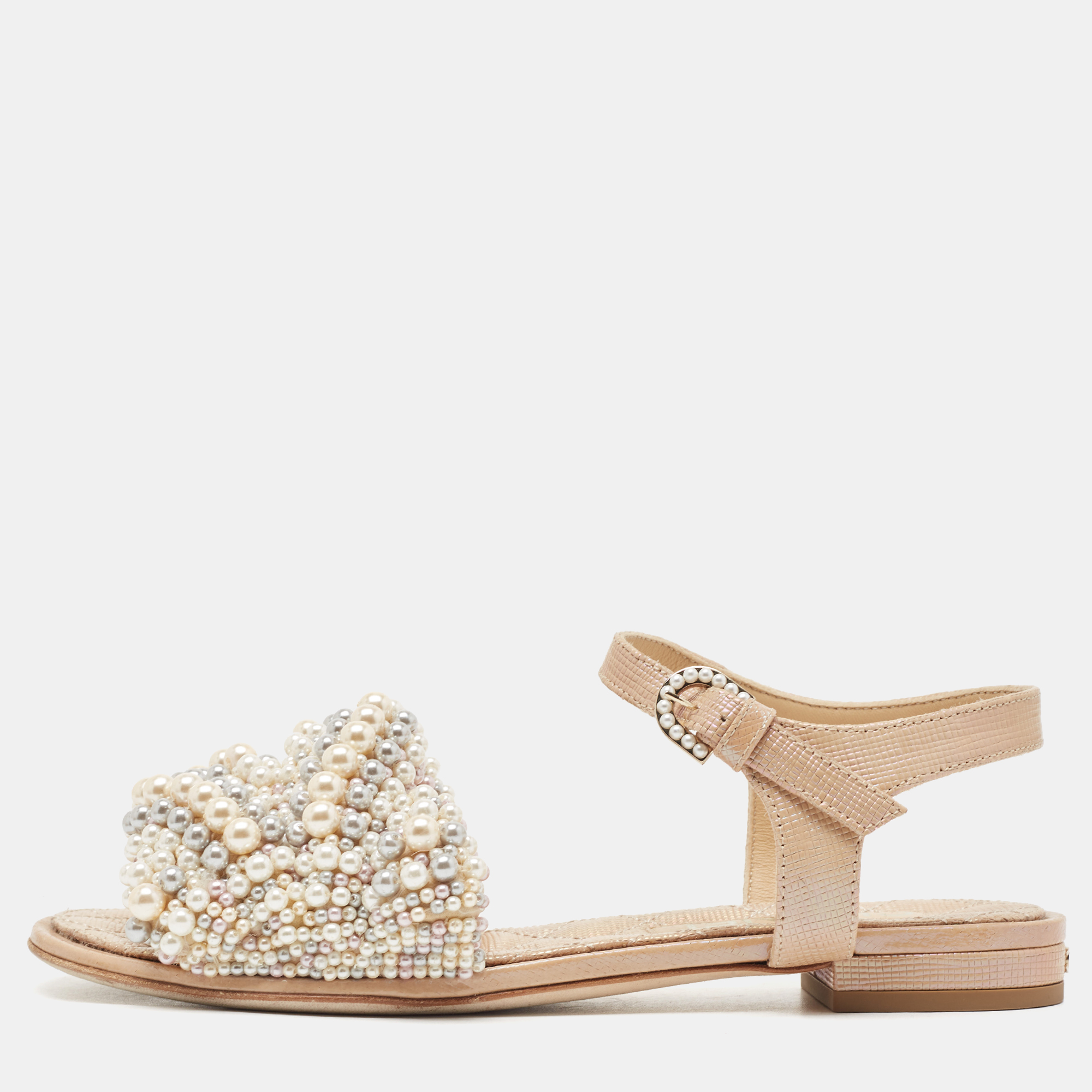 Chanel beige faux pearl slide flat sandals size 36