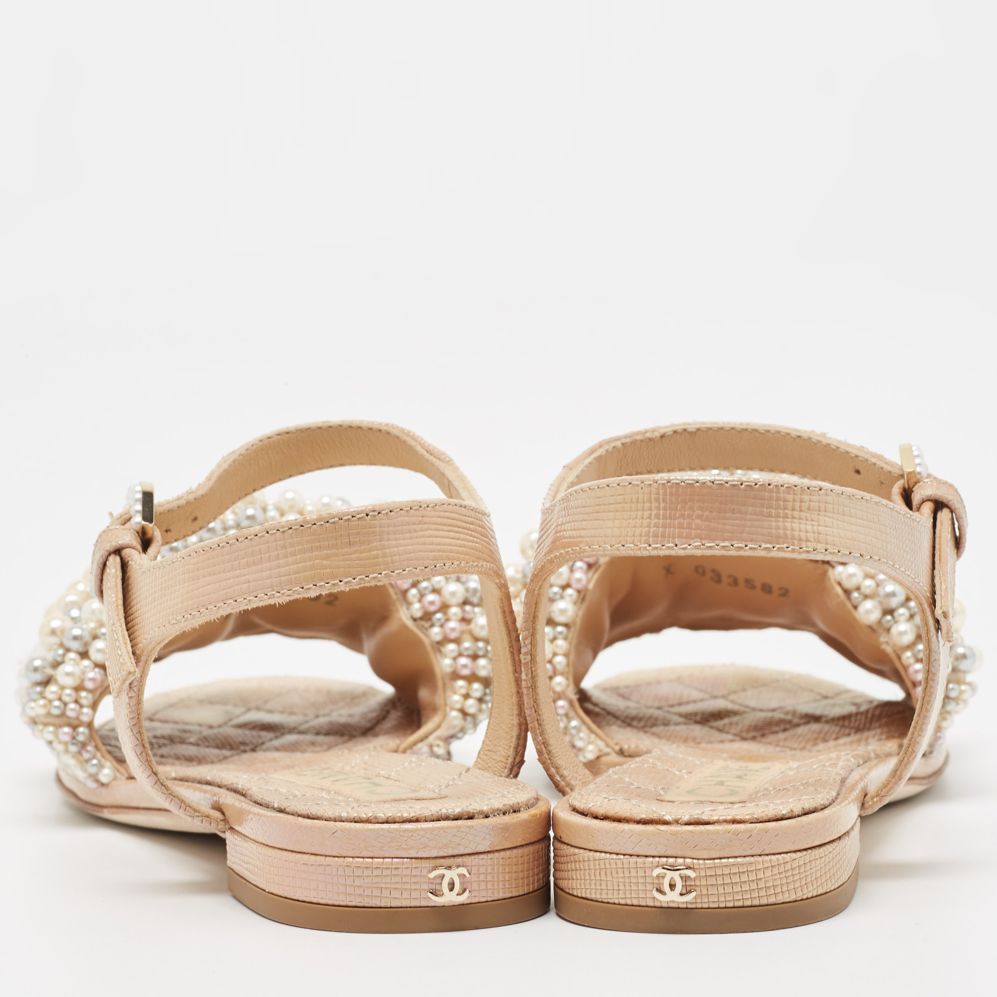 Chanel Beige Faux Pearl Slide Flat Sandals Size 36
