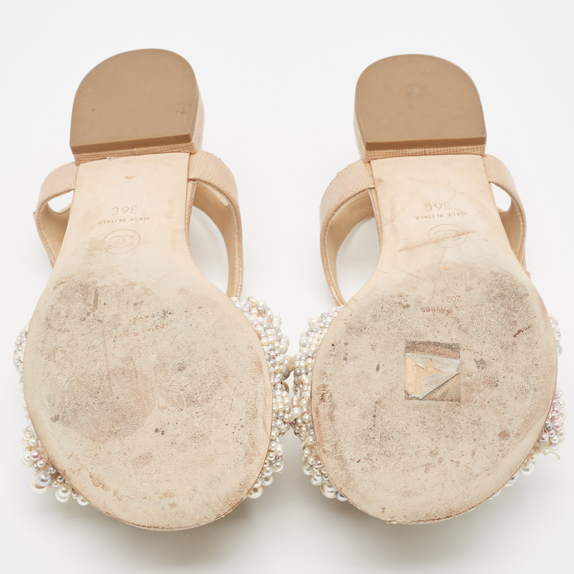 Chanel Beige Faux Pearl Slide Flat Sandals Size 36