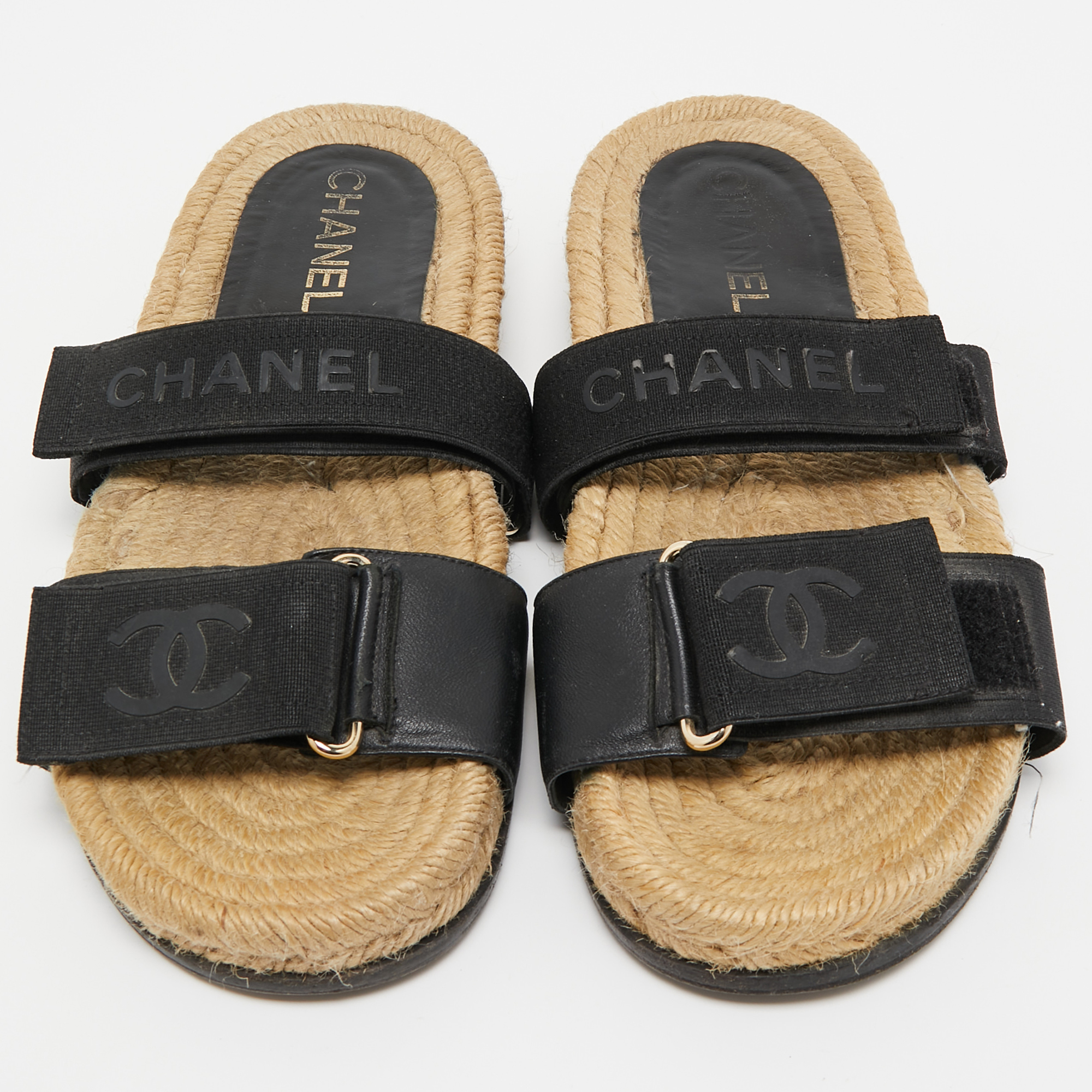Chanel Black Leather And Canvas CC Velcro Espadrille Flat Sandals Size 37