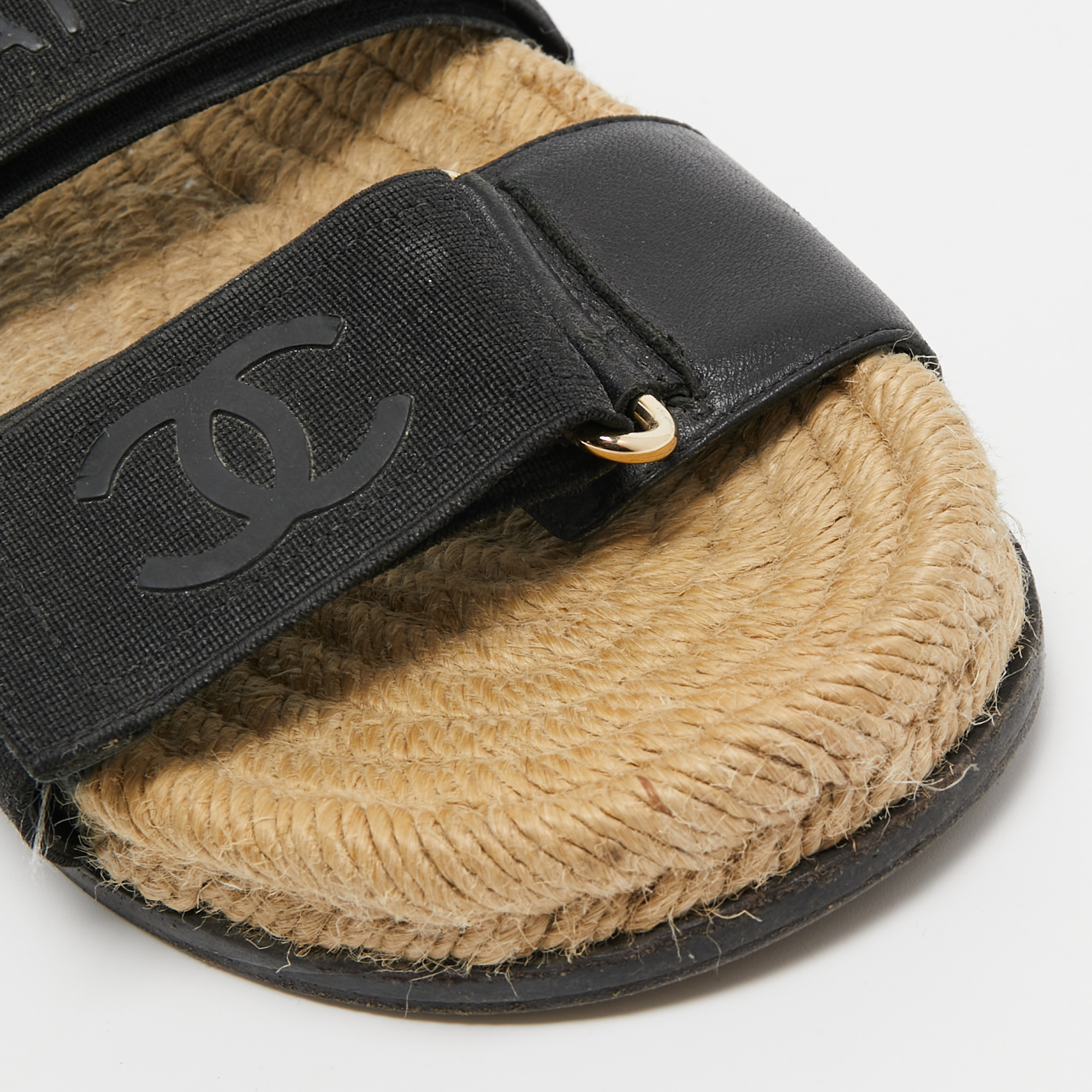 Chanel Black Leather And Canvas CC Velcro Espadrille Flat Sandals Size 37